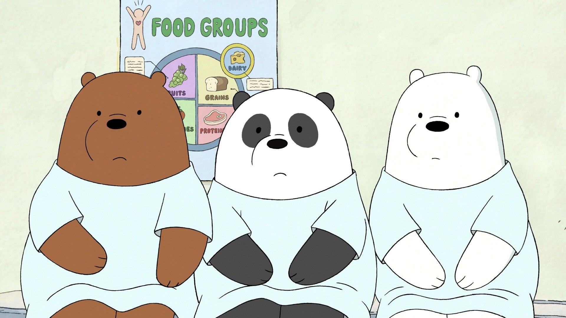 We Bare Bears - Season 1, Episode 1: Grizz, Panda, and Ice Bear sit in front of a food pyramid. - We Bare Bears