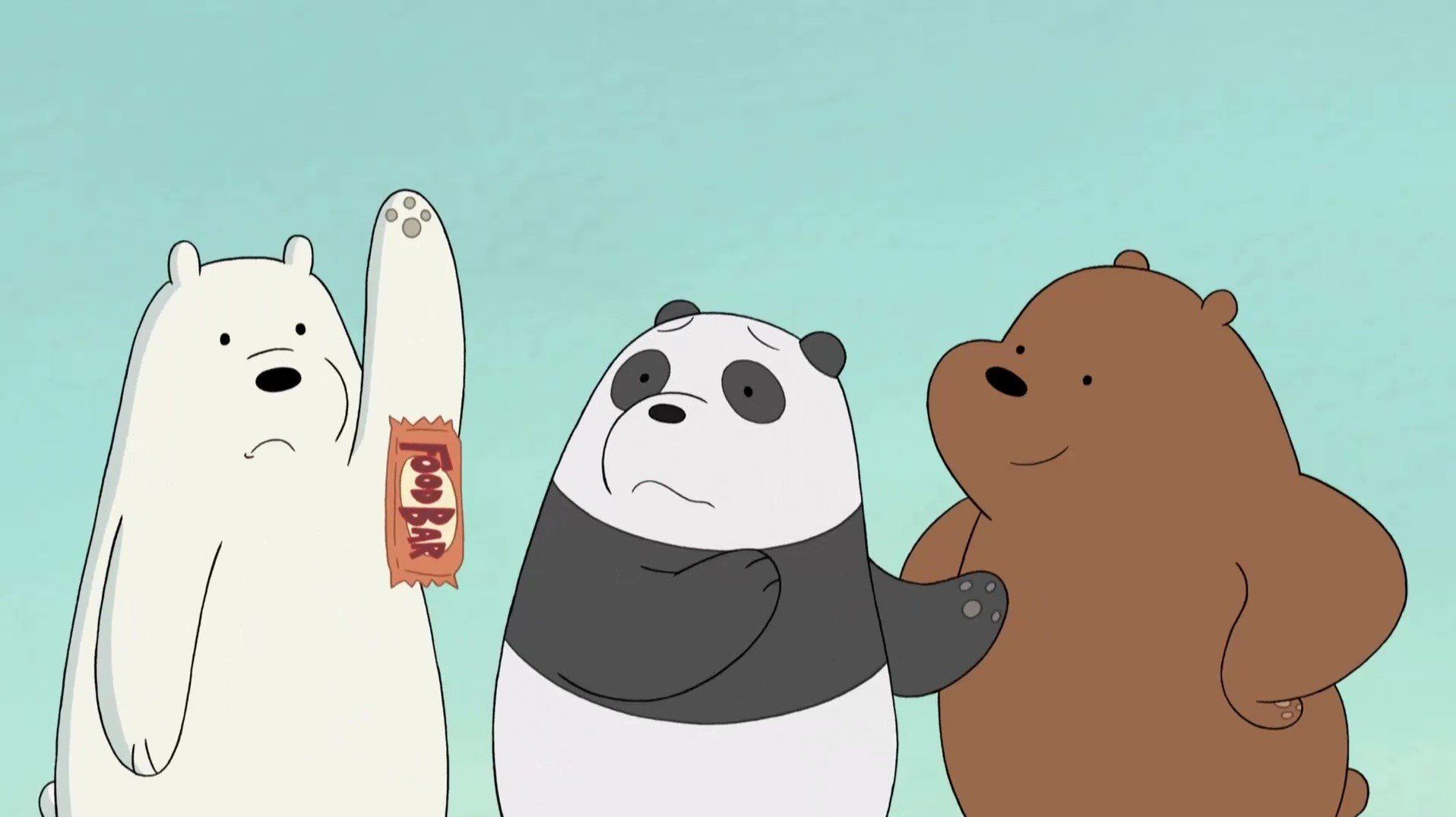 A cartoon bear and two other bears holding up signs - We Bare Bears