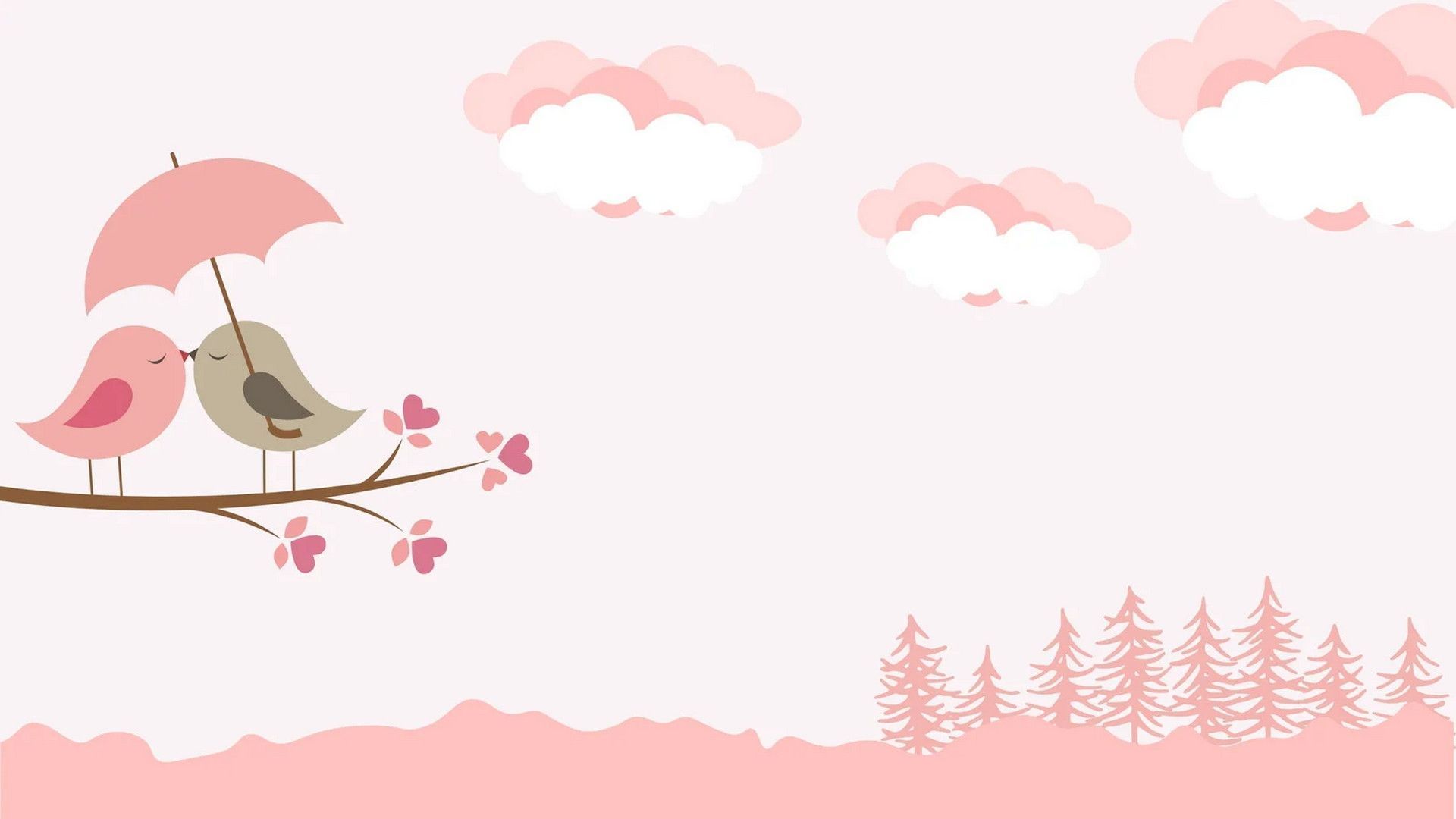 Two birds sitting on a tree branch with pink umbrella and pink hearts. - MacBook, 1920x1080, cute