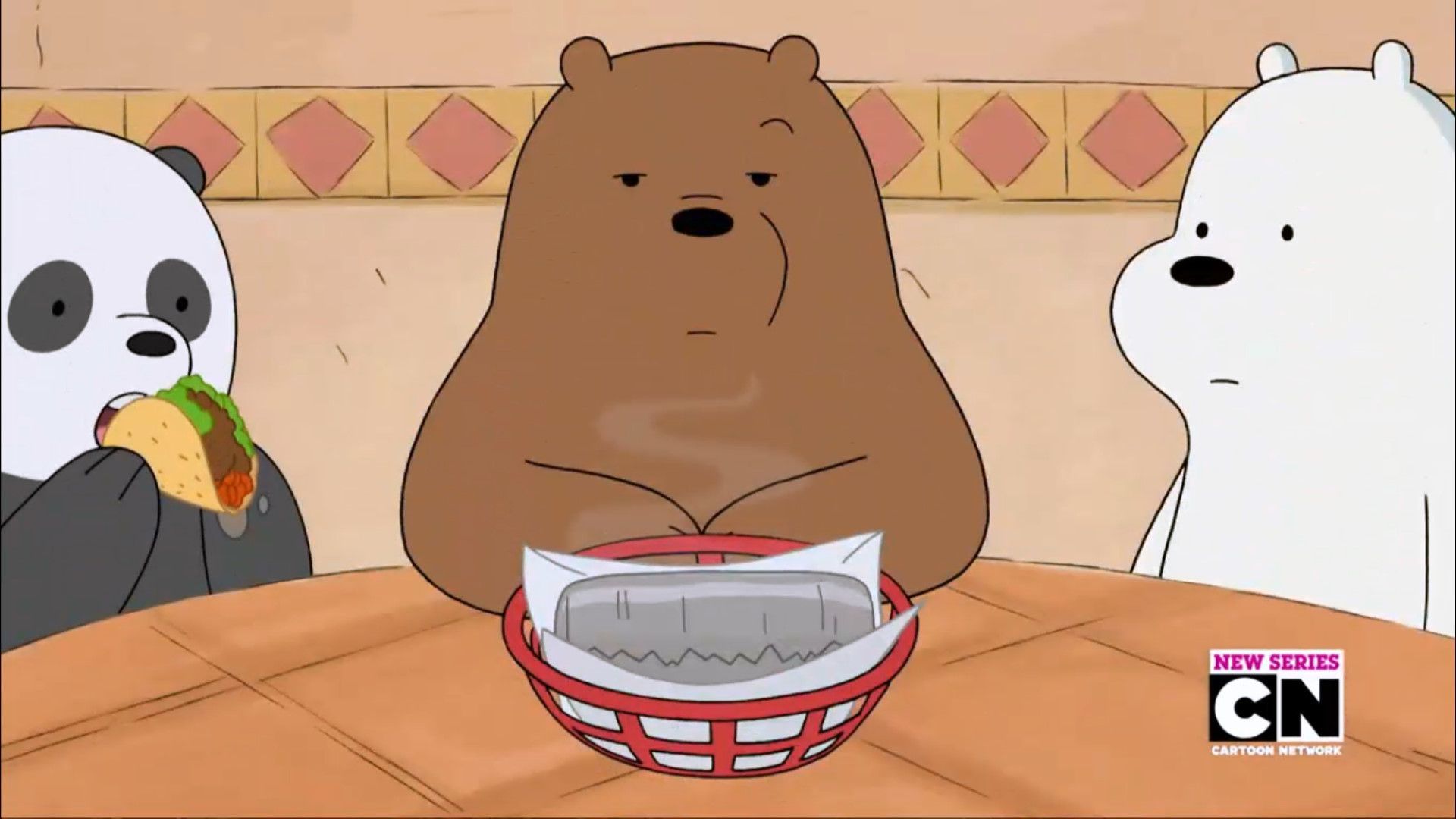 A cartoon bear and panda sitting at the table - We Bare Bears