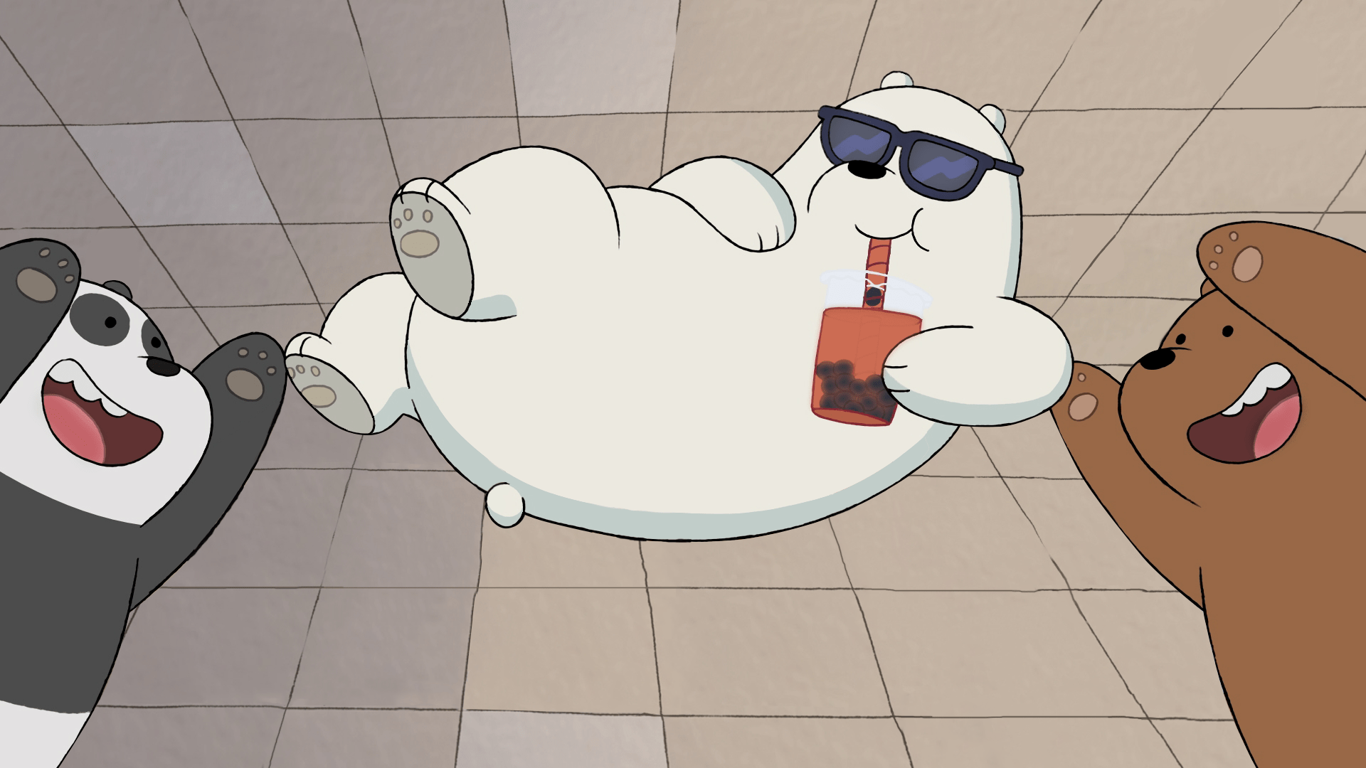 Three bears lay on the ground, one holding a drink. - We Bare Bears