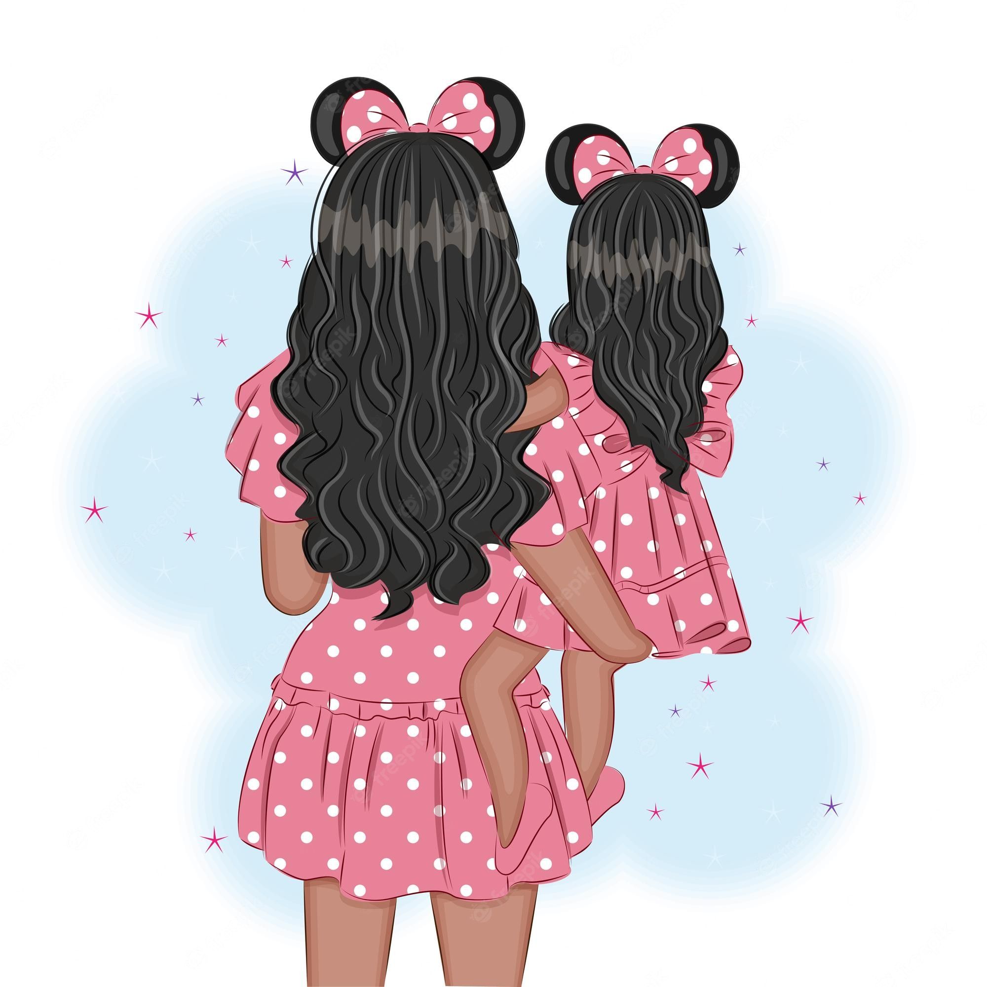 Premium Vector. Mother and daughter walking in the park with a mickey mouse headband fashion illustration vector