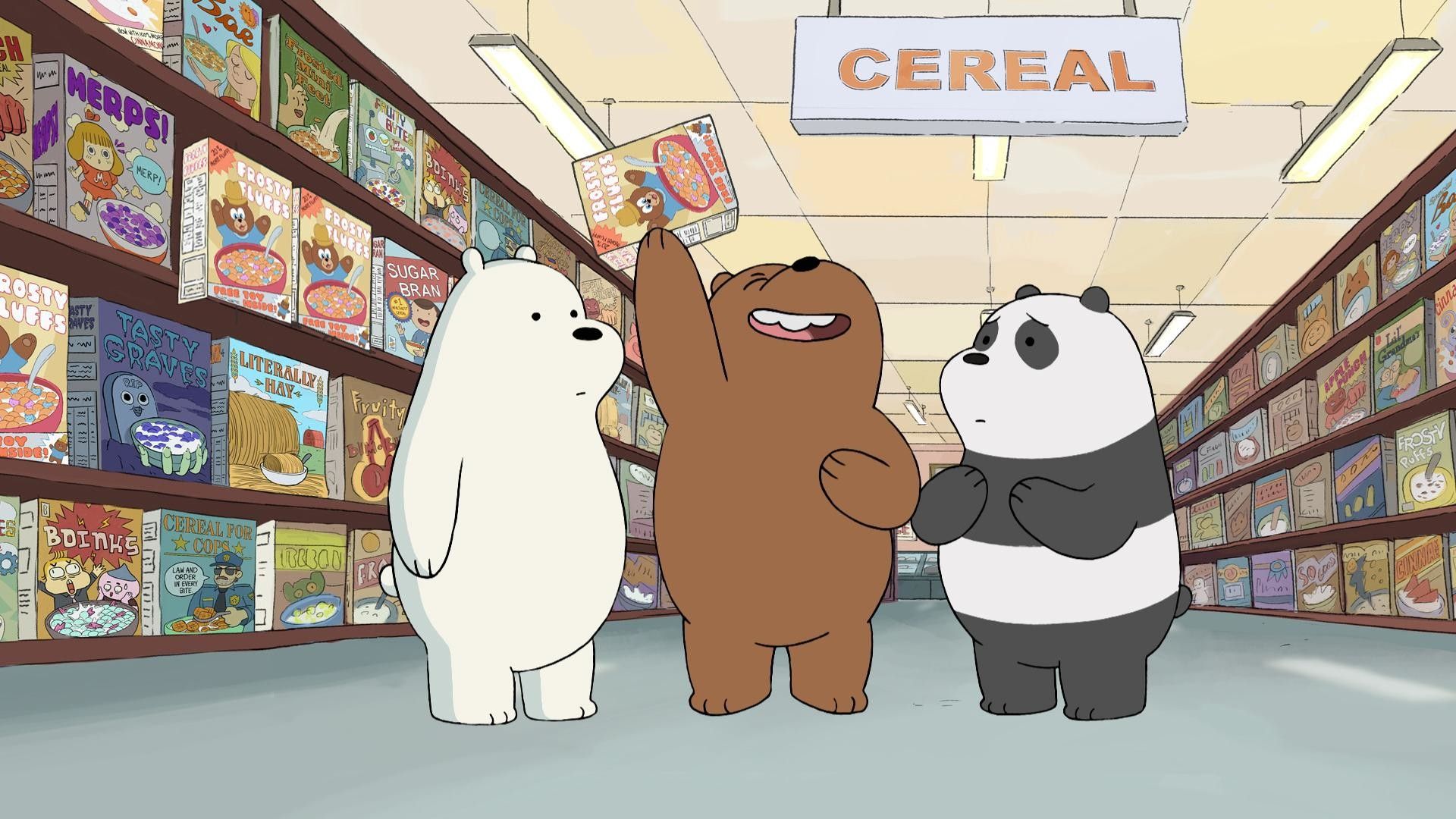 A cartoon of three bears and one panda in an isle - We Bare Bears