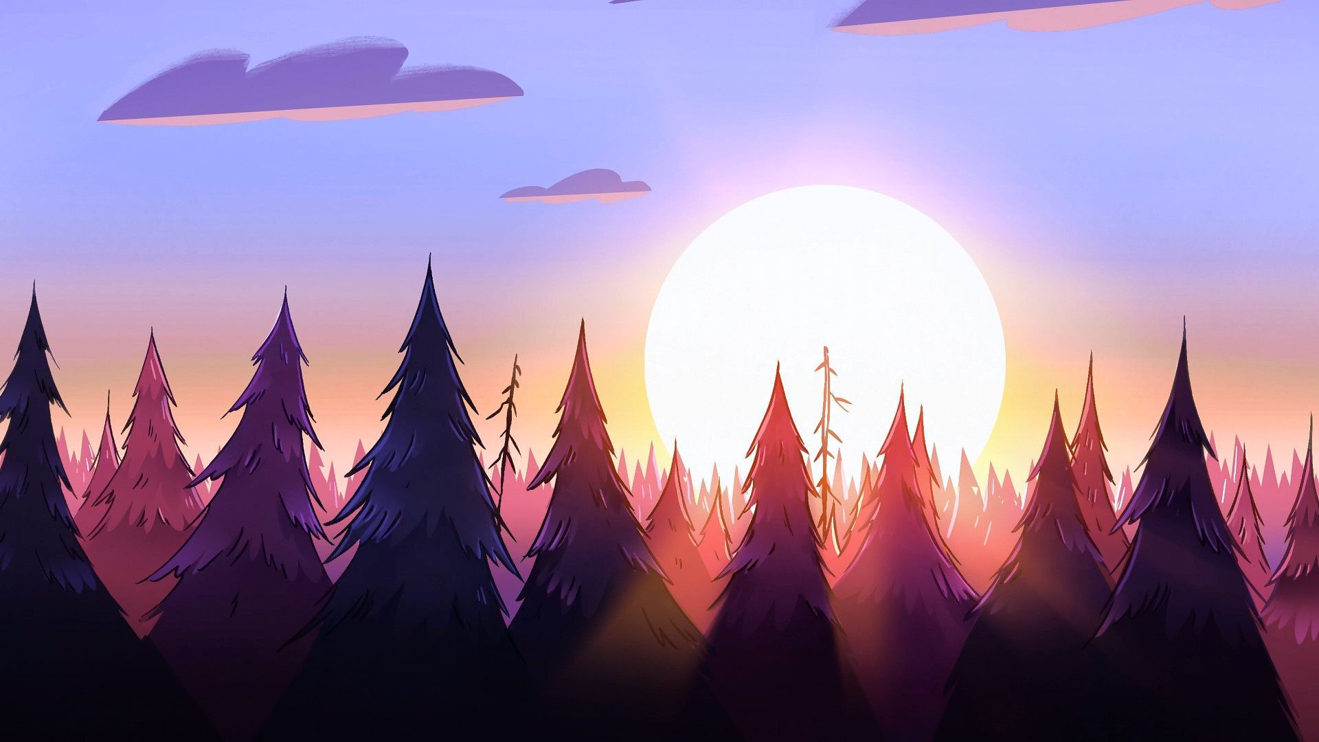 A wallpaper of a sunset over a forest of trees - 1920x1080