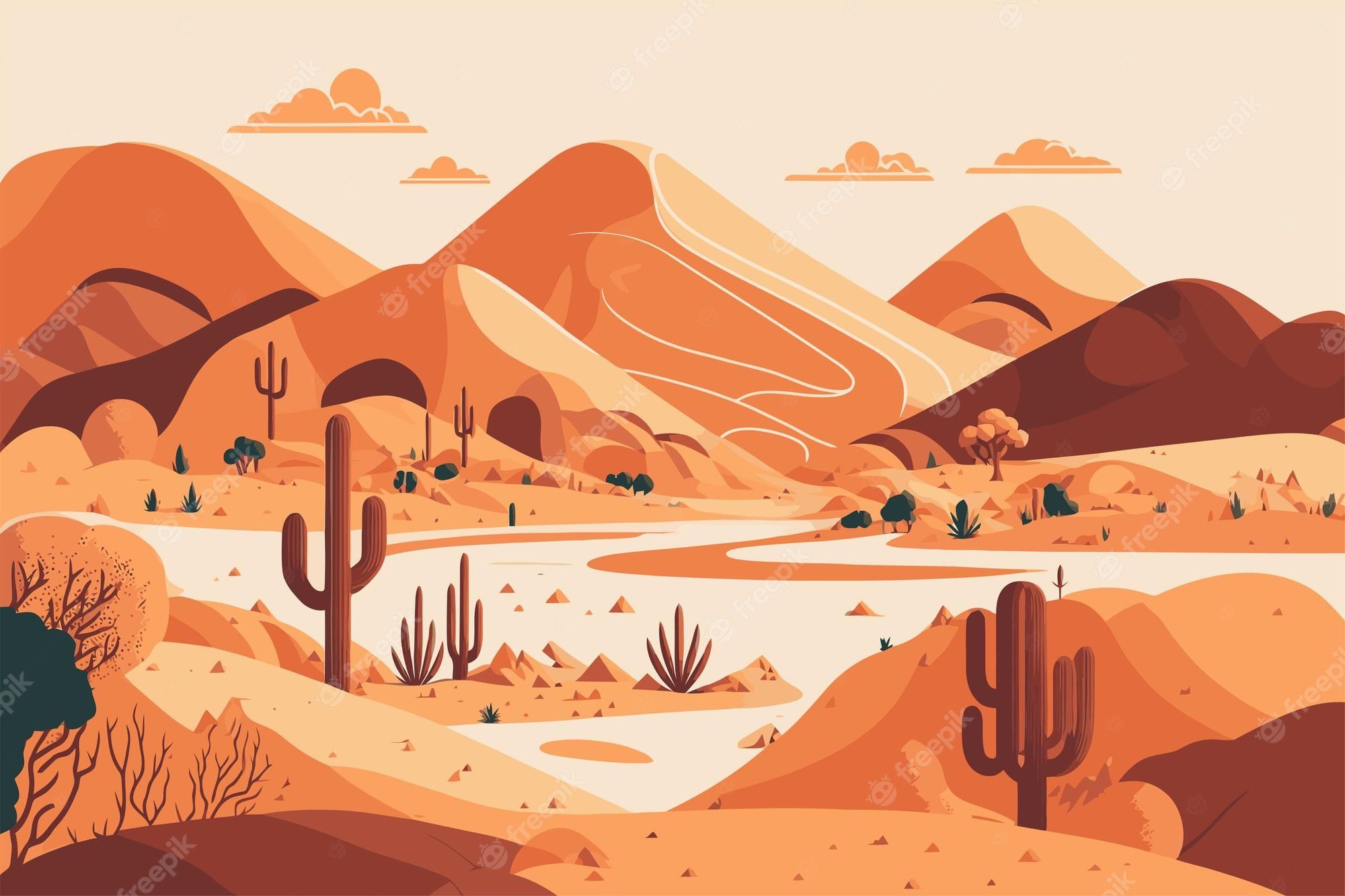 A desert landscape with mountains, cacti, and clouds - Desert