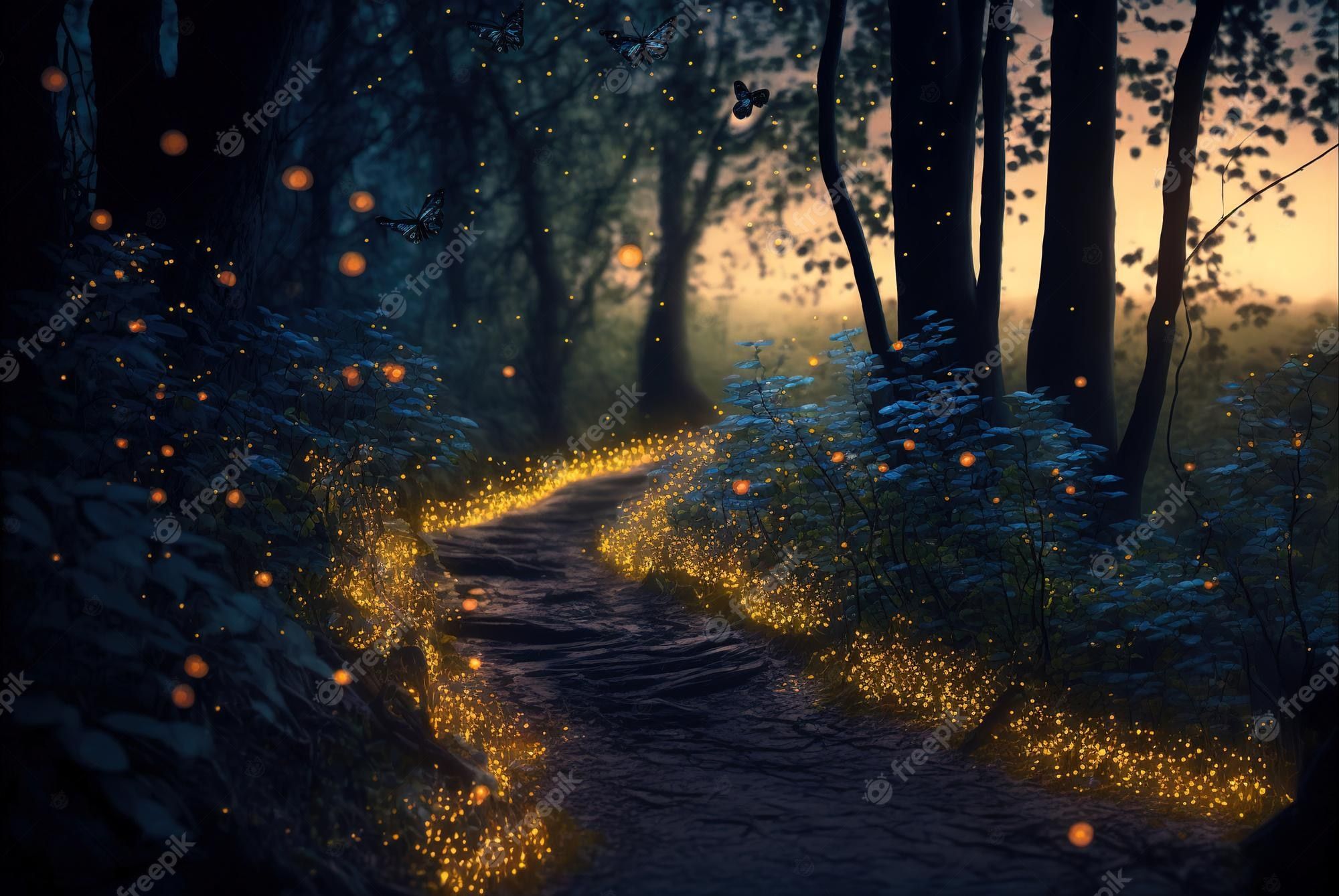 A path in the forest with fireflies - Magic