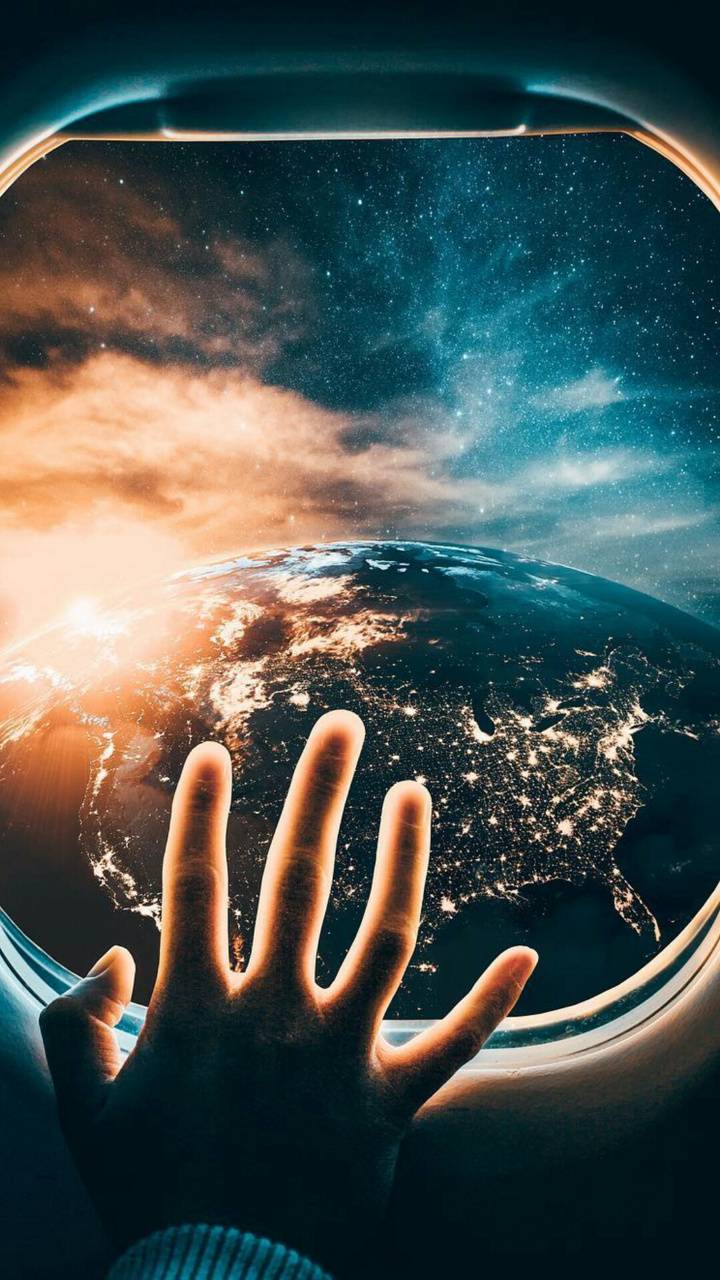 IPhone wallpaper of a hand reaching out of a plane window towards the Earth. - Earth