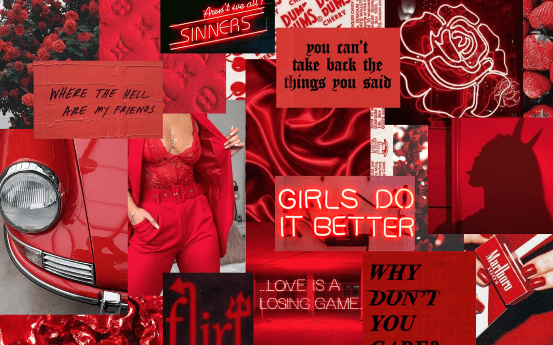 A collage of red aesthetic images including roses, a car, and a girl in red. - Candy