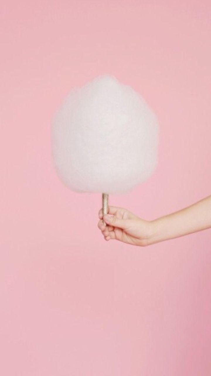 A hand holding a stick with a fluffy white cotton candy - Candy