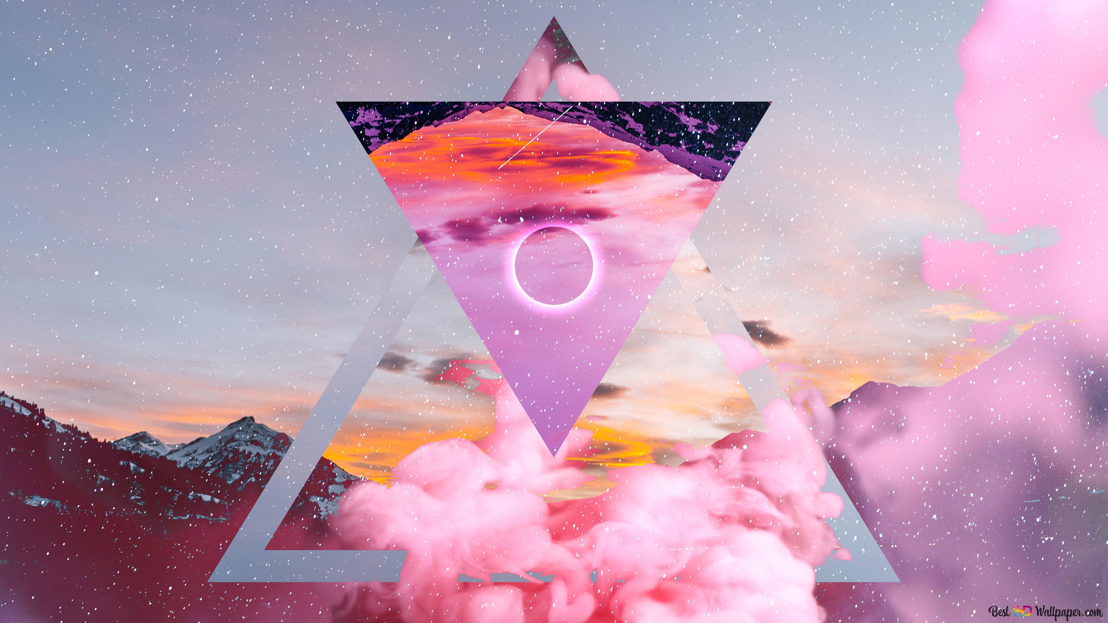 Aesthetic wallpaper with pink clouds, mountains, and a triangle. - 3840x2160