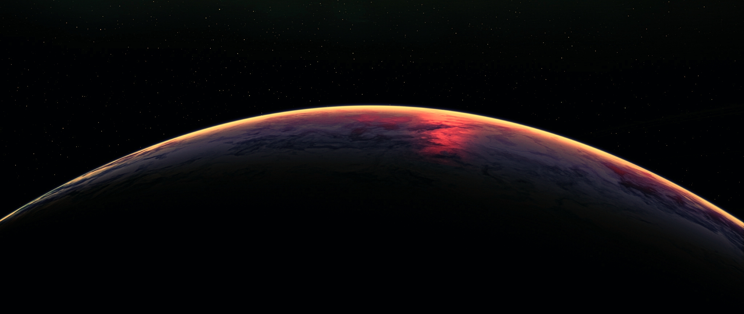 A planet with a red and orange atmosphere, with a starry background. - Earth