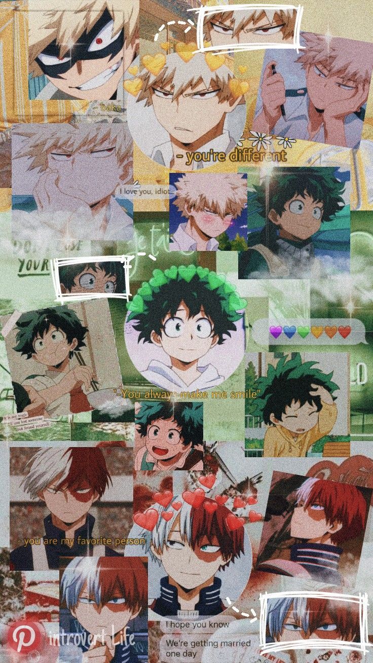 Aesthetic wallpaper of My Hero Academia characters, including Midoriya, Bakugo, Todoroki, and Uraraka. - My Hero Academia