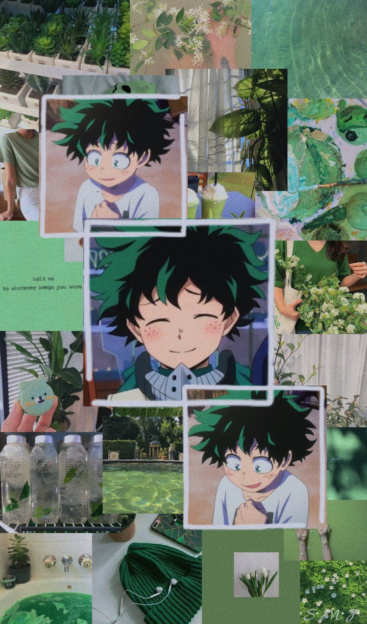 A collage of pictures with green and blue - My Hero Academia