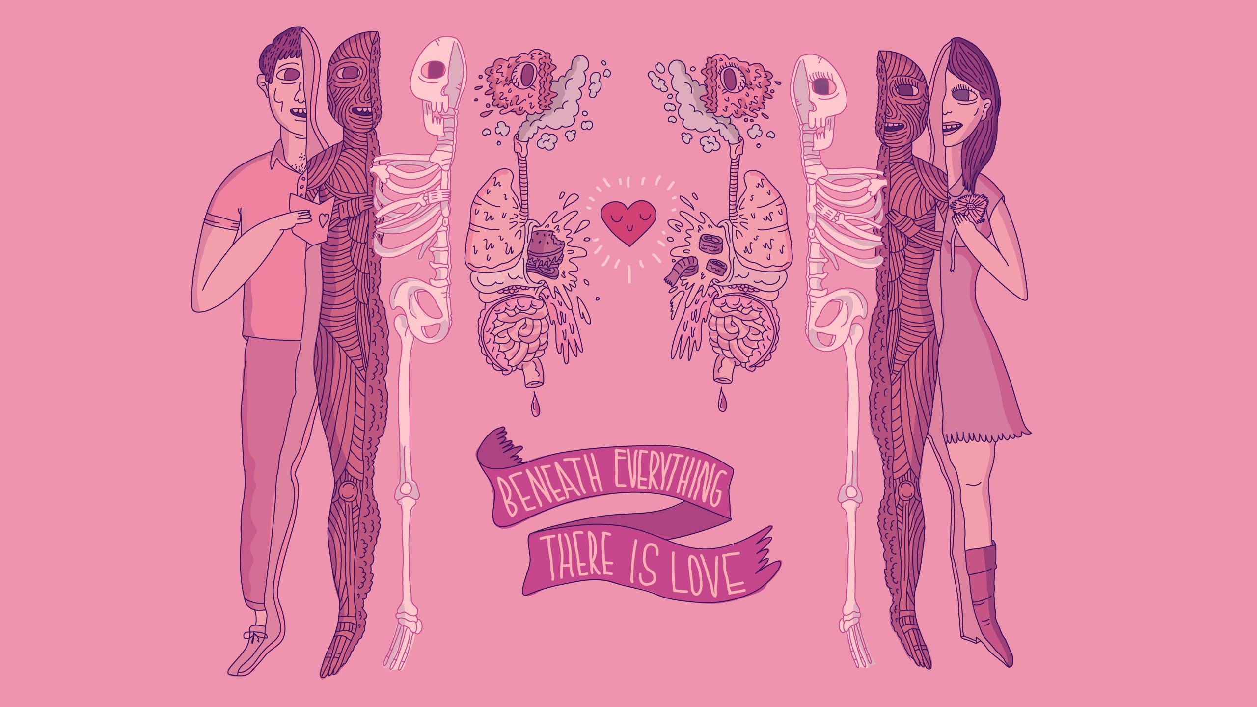 skeleton, muscles, pink, anatomy, minimalism Gallery HD Wallpaper
