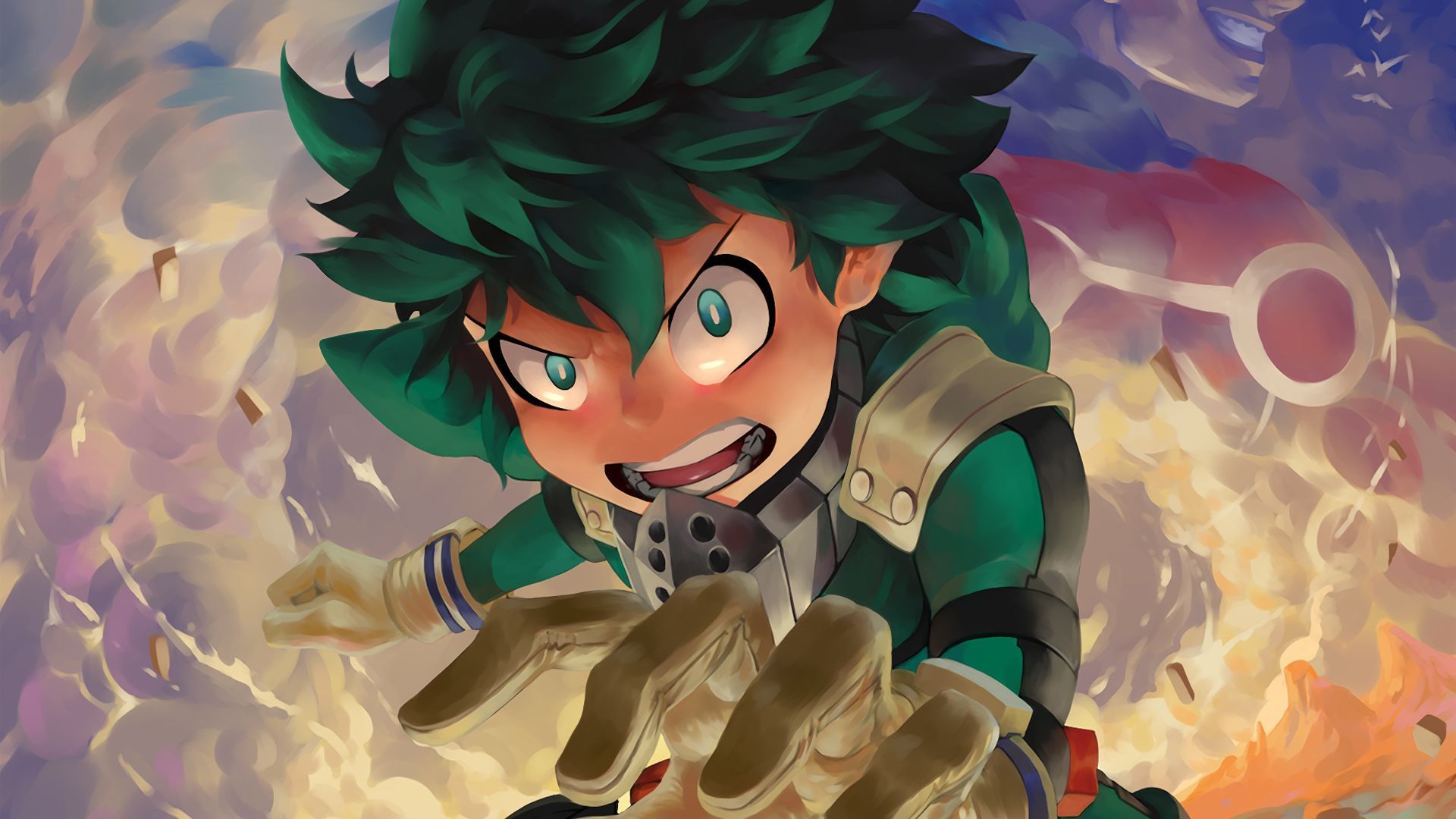A cartoon character with green hair and hands - My Hero Academia