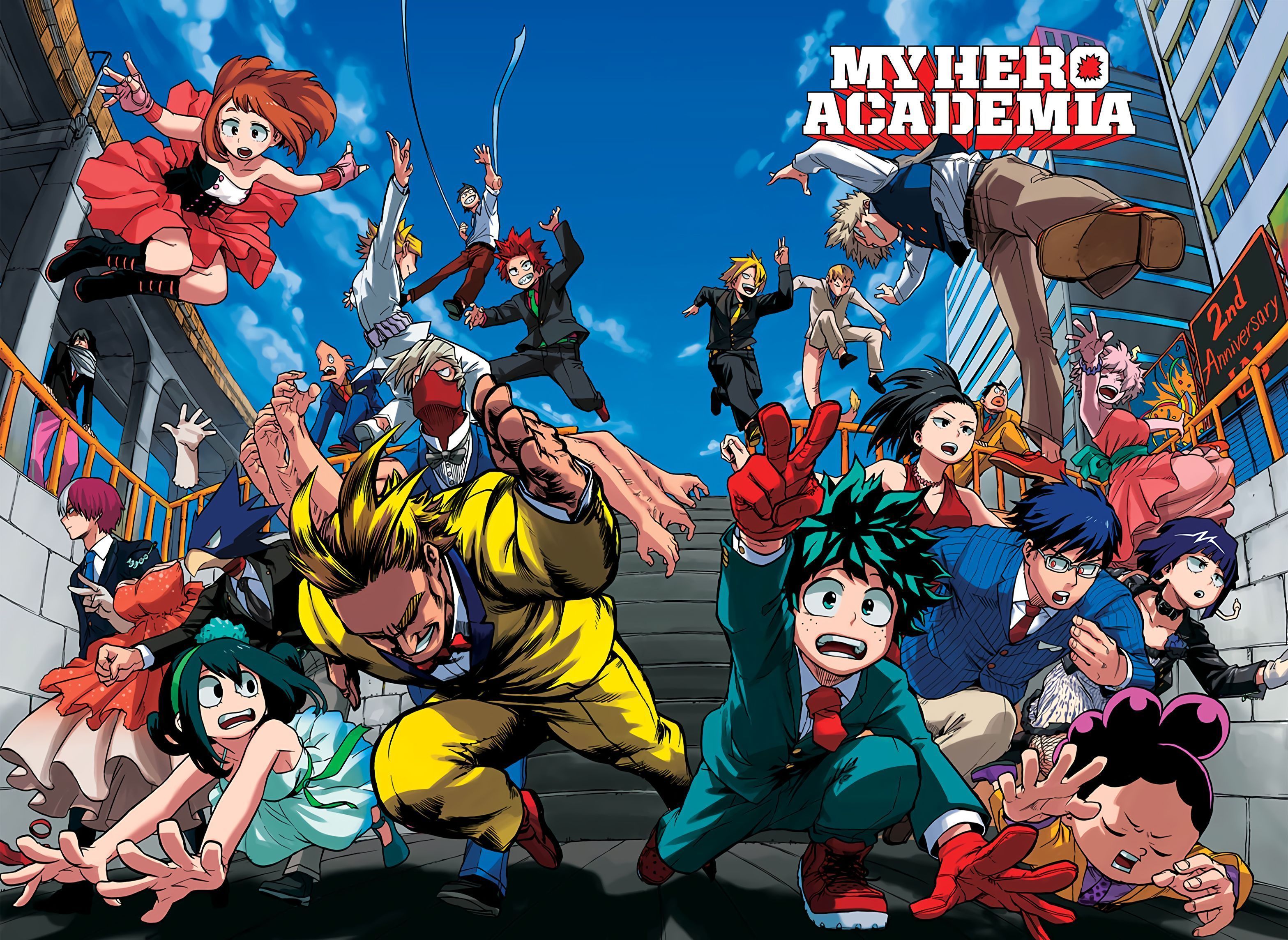 A group of cartoon characters are standing on the sidewalk - My Hero Academia