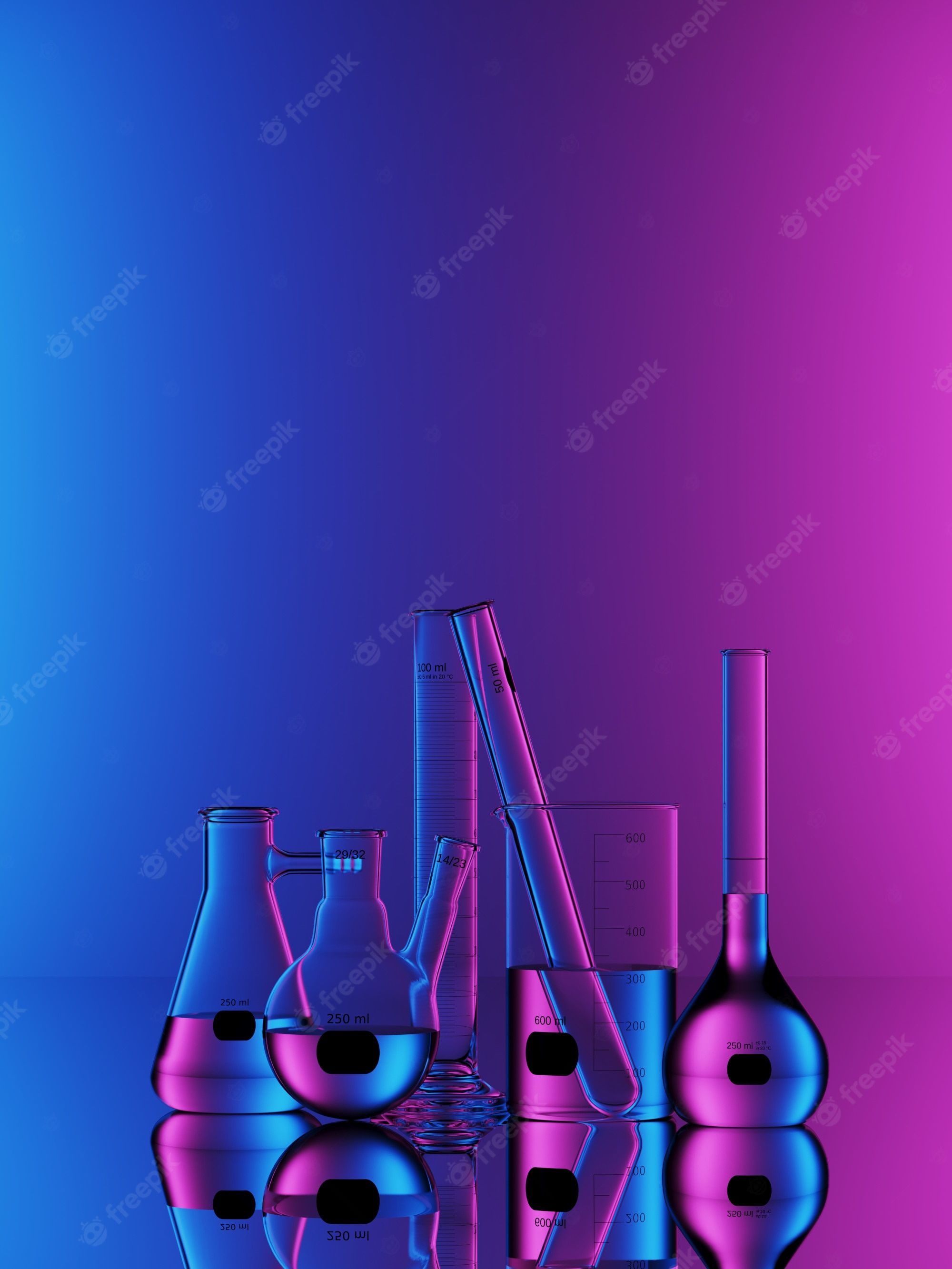A group of laboratory glassware against a purple and blue background - Chemistry