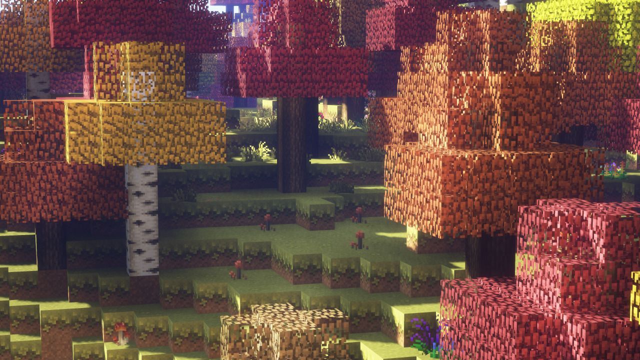 Minecraft screenshot of a colorful forest with many different types of trees. - Minecraft