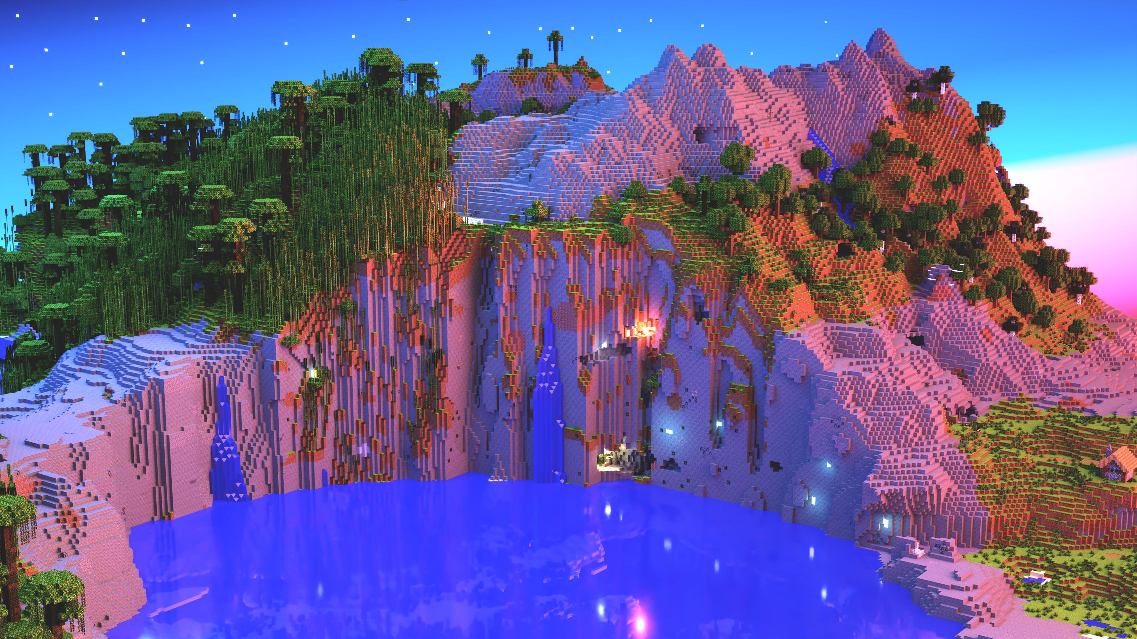 A minecraft world with mountains and water - Minecraft