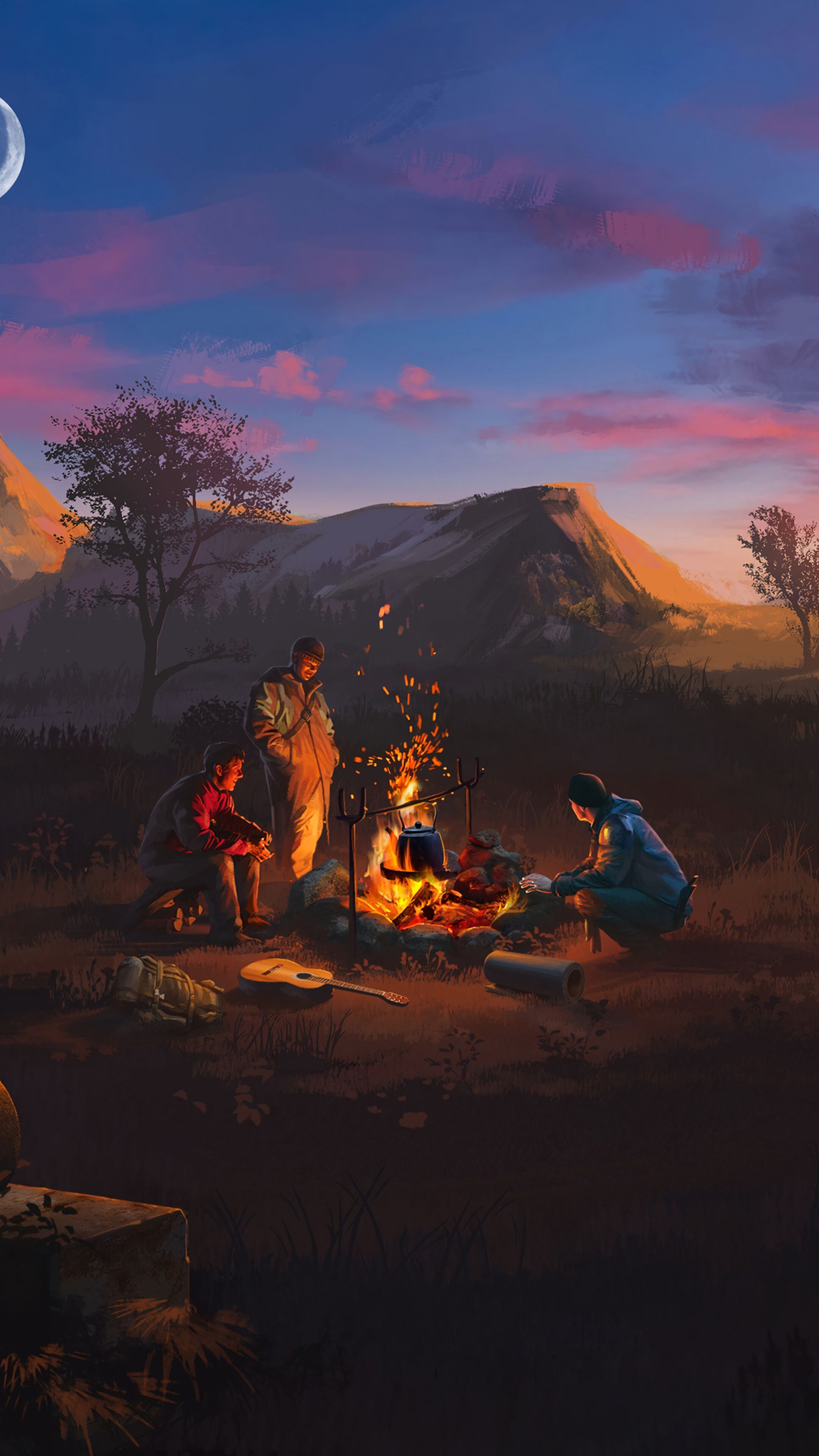 Sunset, Camping, Bonfire, Landscape, Scenery, Illustration, Digital Art, 4k Gallery HD Wallpaper