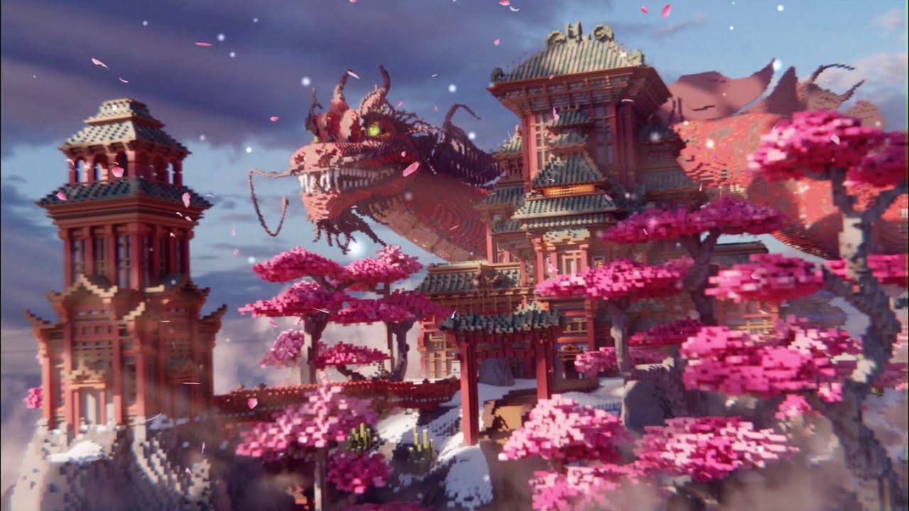 A pink dragon statue on top of a building in a Minecraft animation - Minecraft