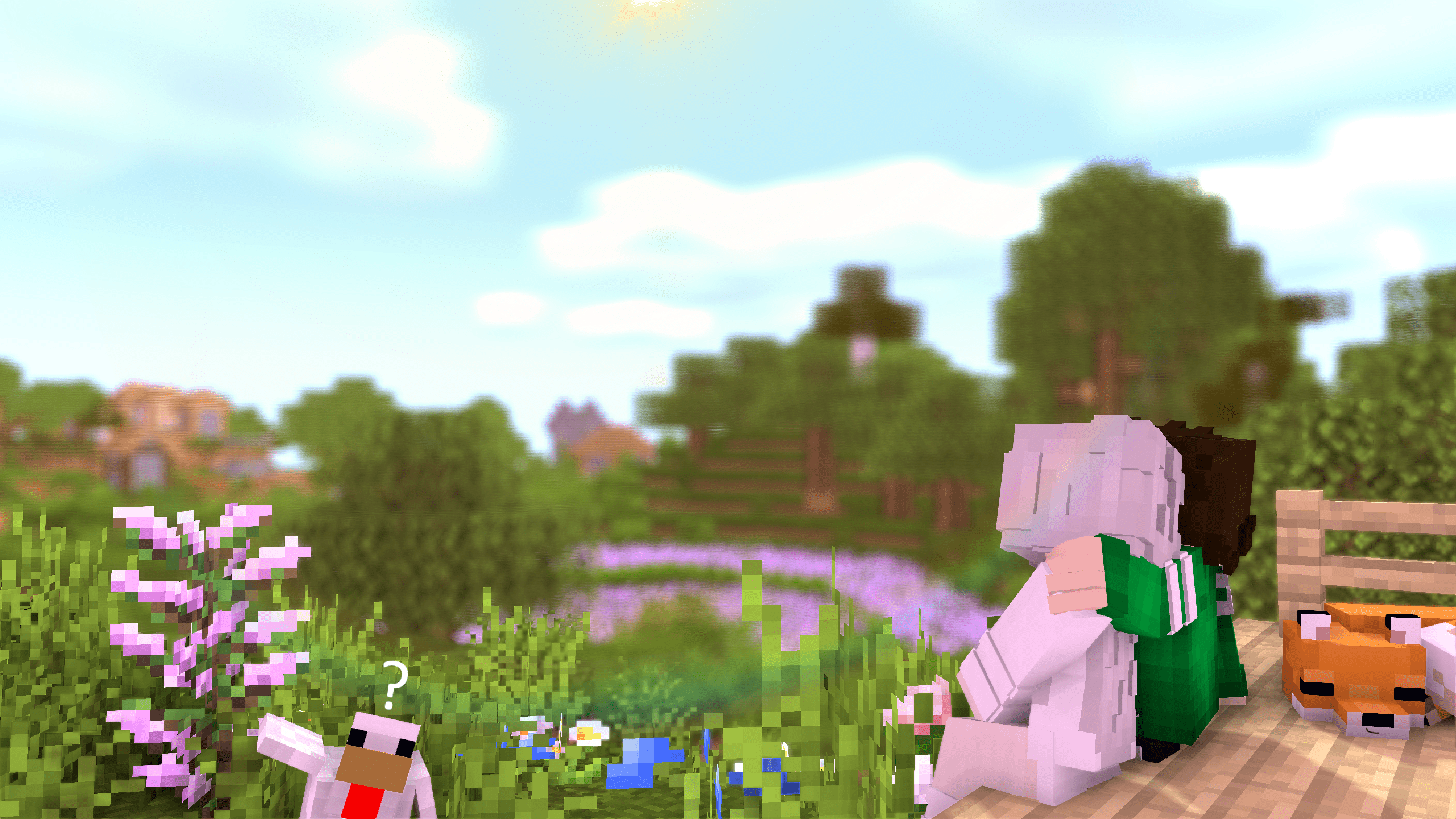 A Minecraft animation of a couple sitting on a bench in a park. - Minecraft
