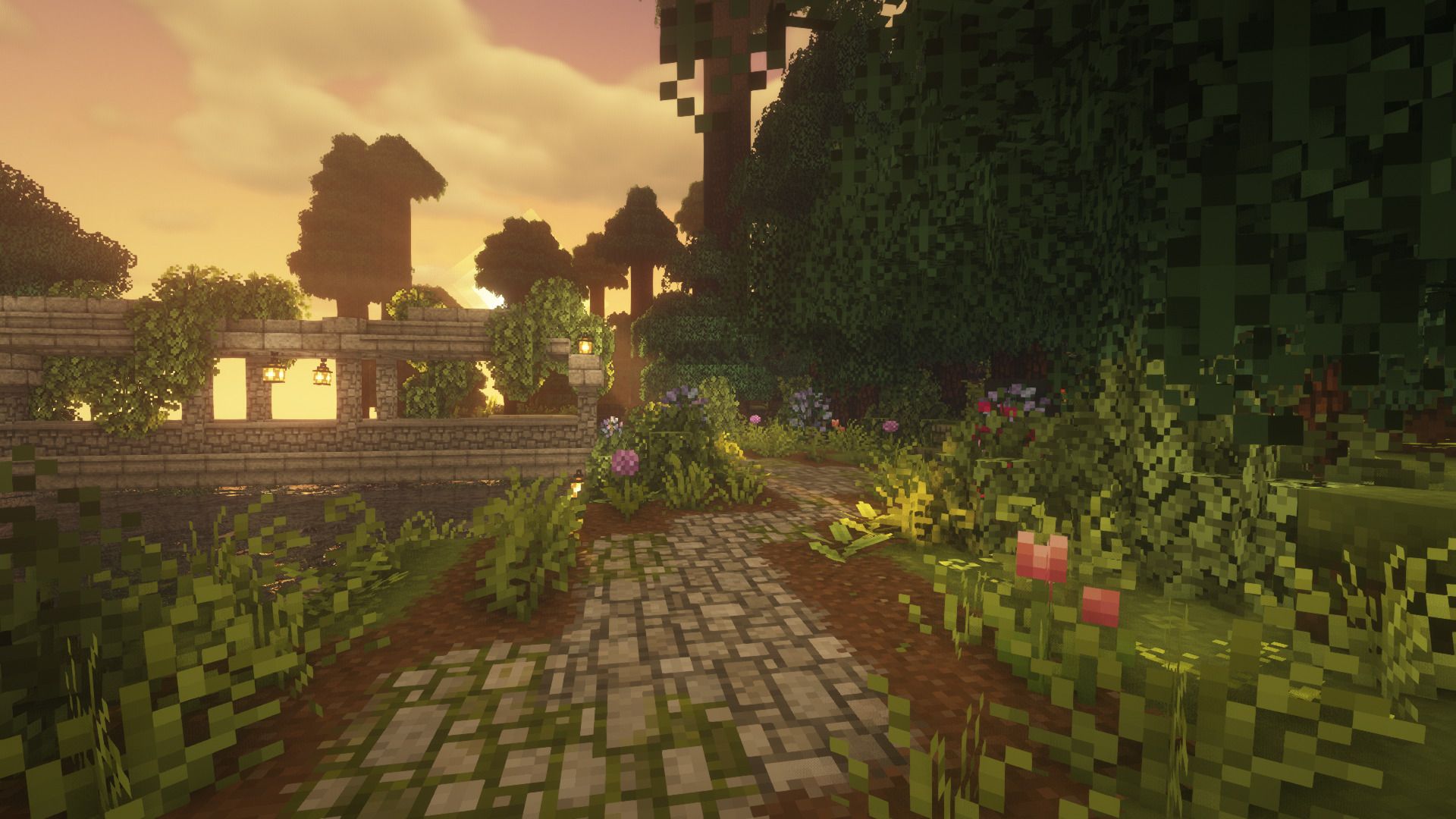 A Minecraft screenshot of a path through a garden - Minecraft