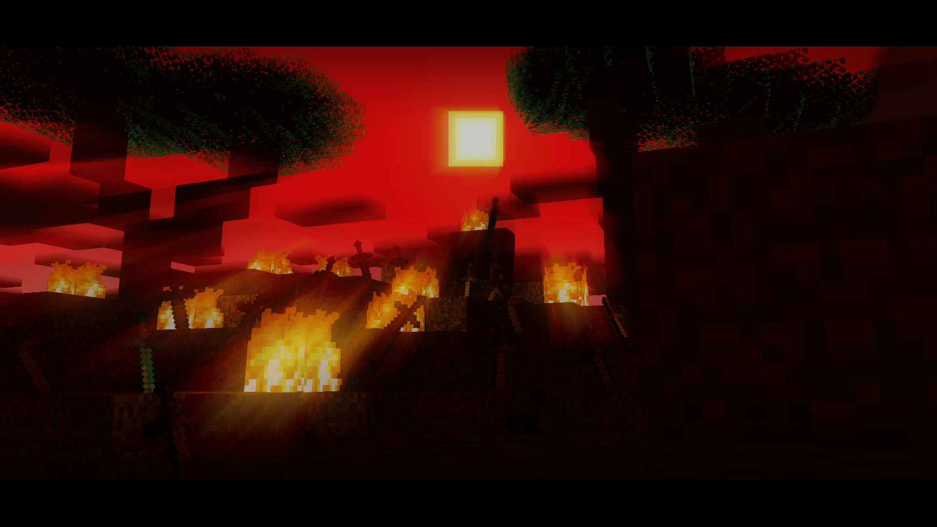 A screenshot of a Minecraft landscape, with a red sky and a village on fire. - Minecraft