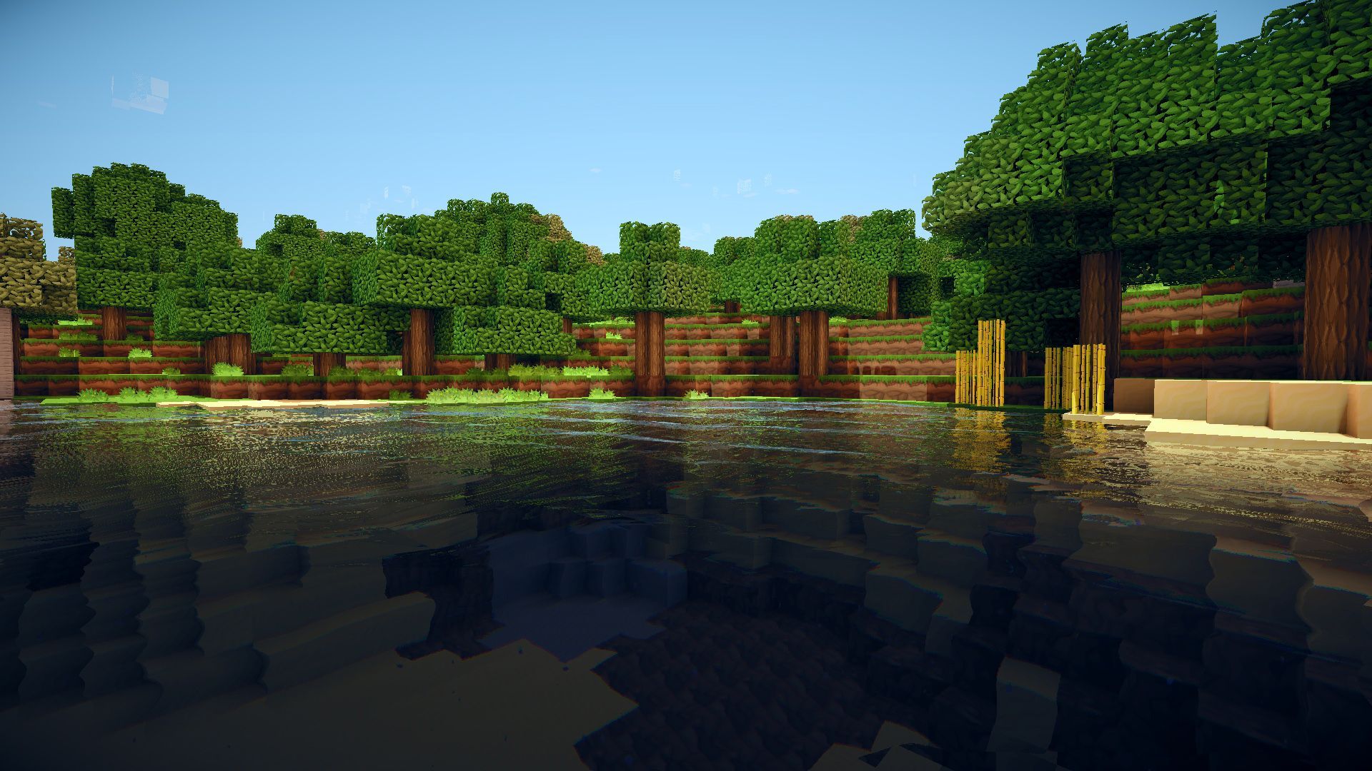 A lake with trees and water in it - Minecraft