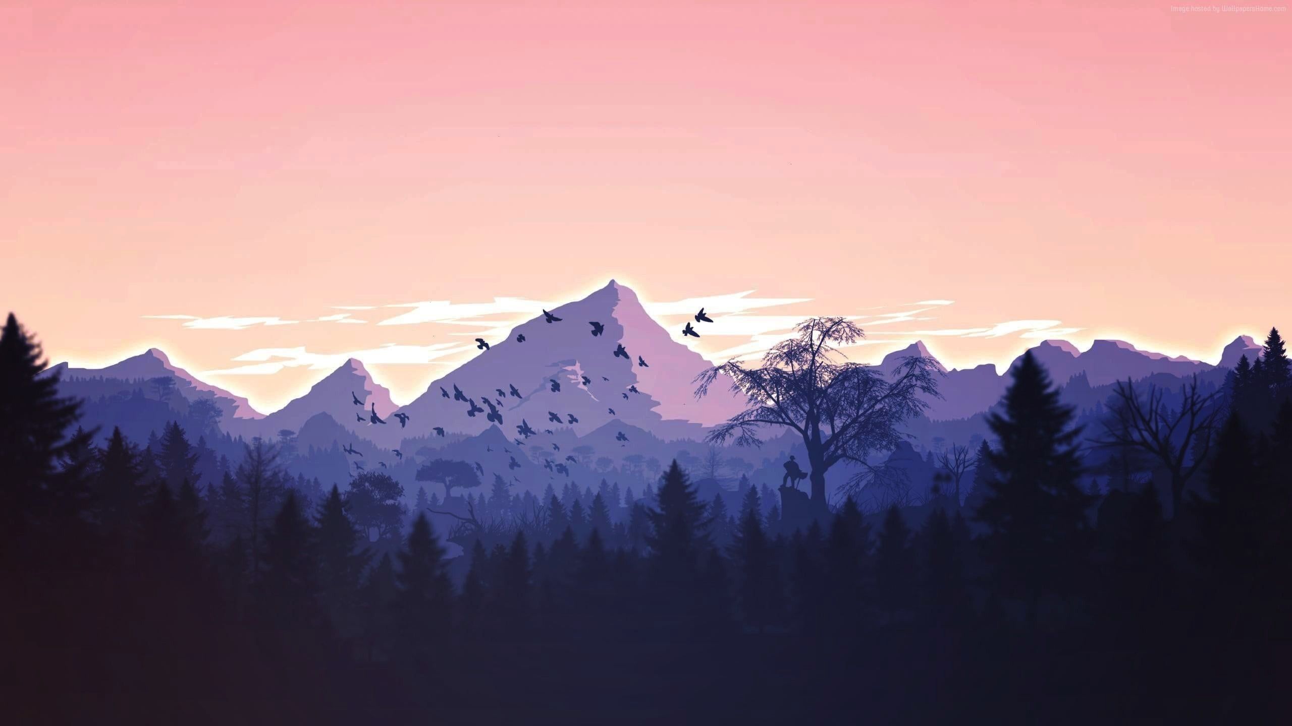 A sunset scene with mountains and trees - Mountain, 2560x1440, landscape