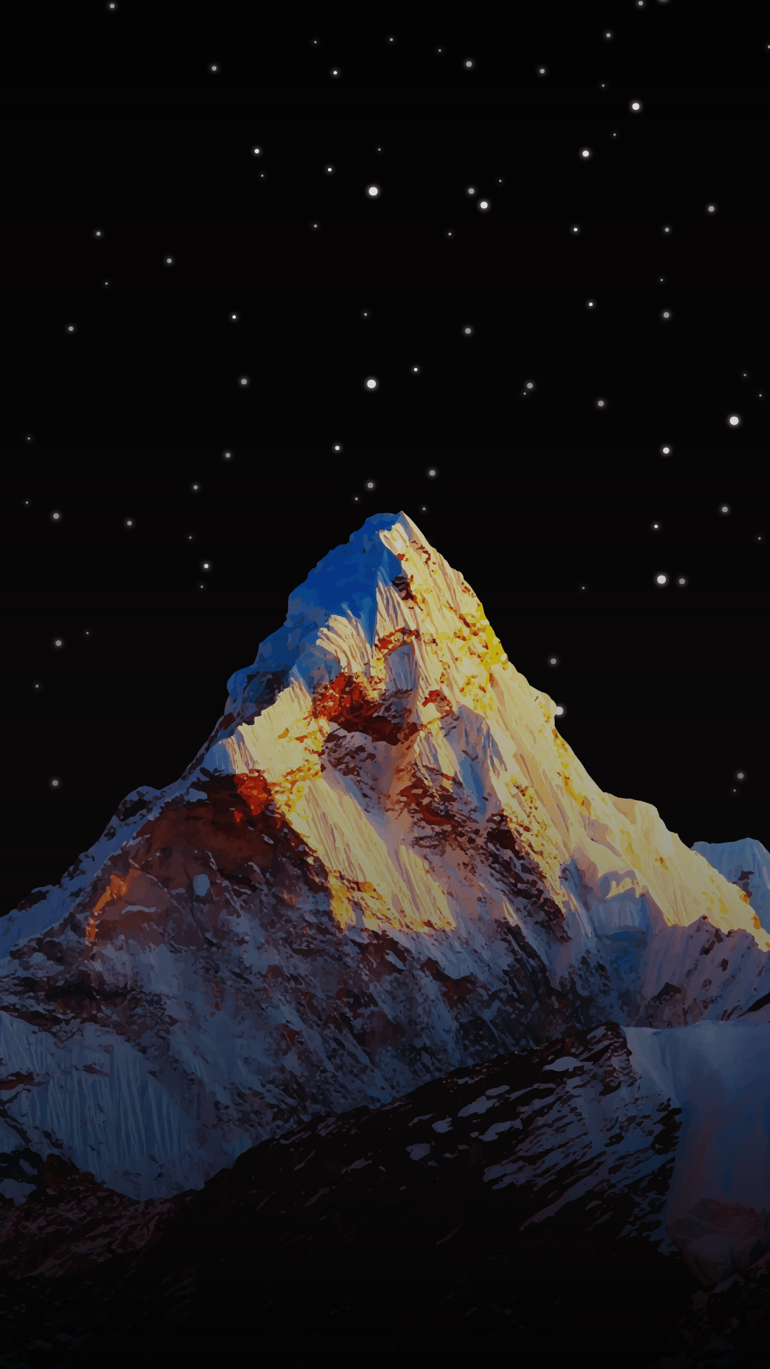 A snow-capped mountain peak against a starry sky, with a hint of orange light shining on the mountain's side. - Mountain
