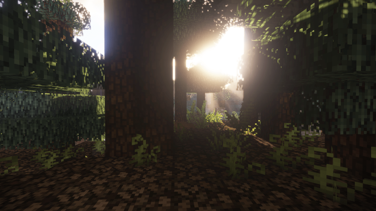 A screenshot of a Minecraft forest with the sun shining through the trees. - Minecraft