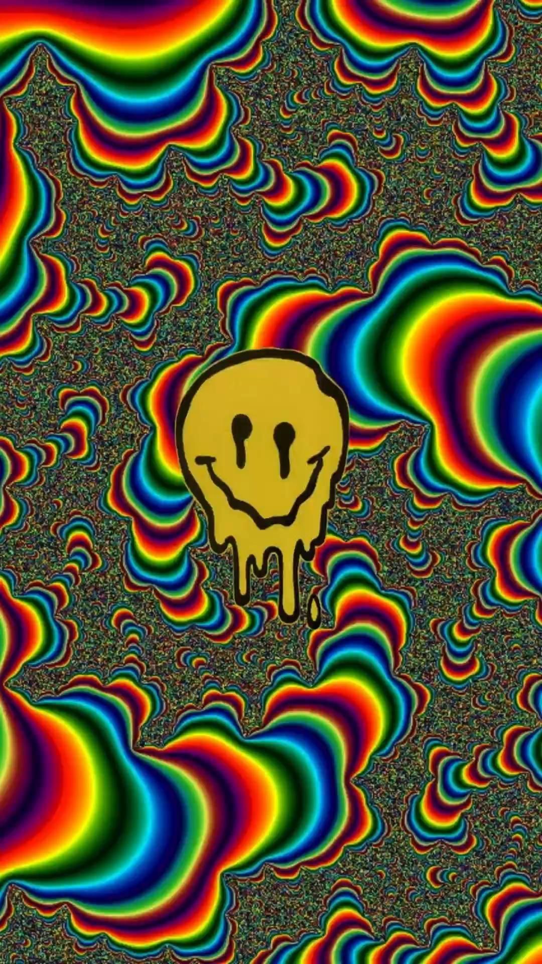 A colorful background with rainbow waves and an image of the face - Trippy