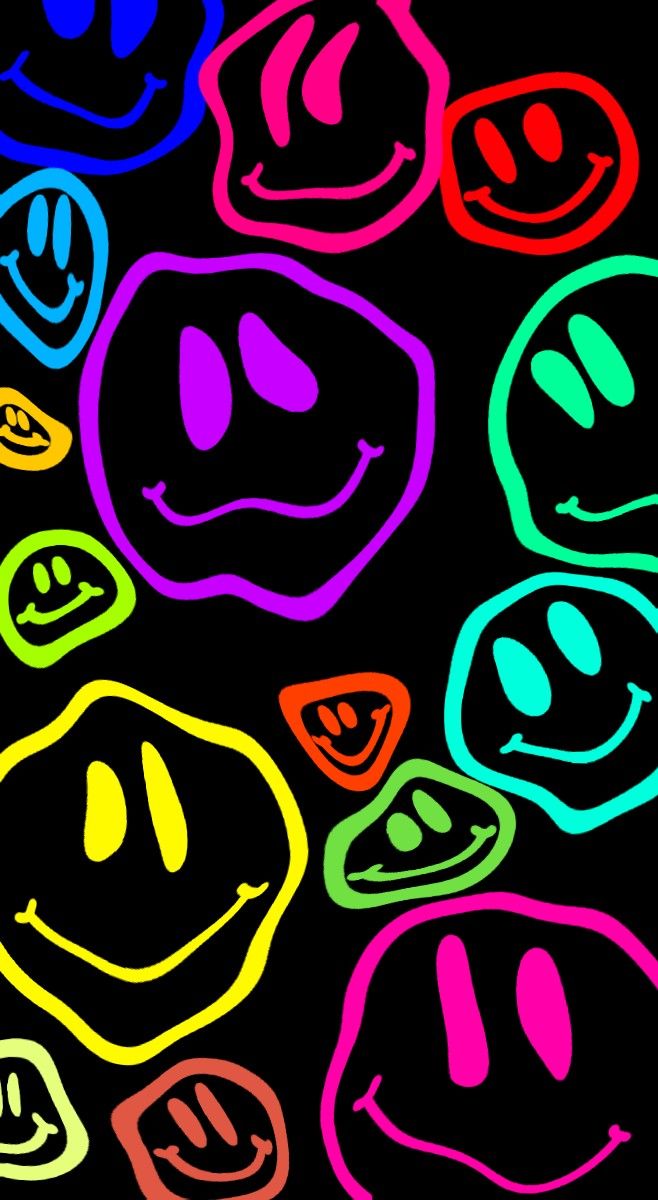 Wallpaper of smiley faces in a variety of colors. - Trippy