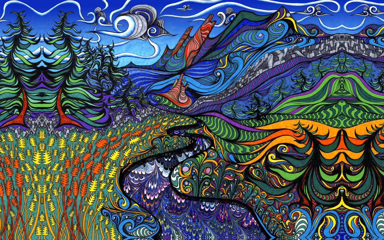 A psychedelic mountain landscape with a river, trees, and a full moon. - Trippy