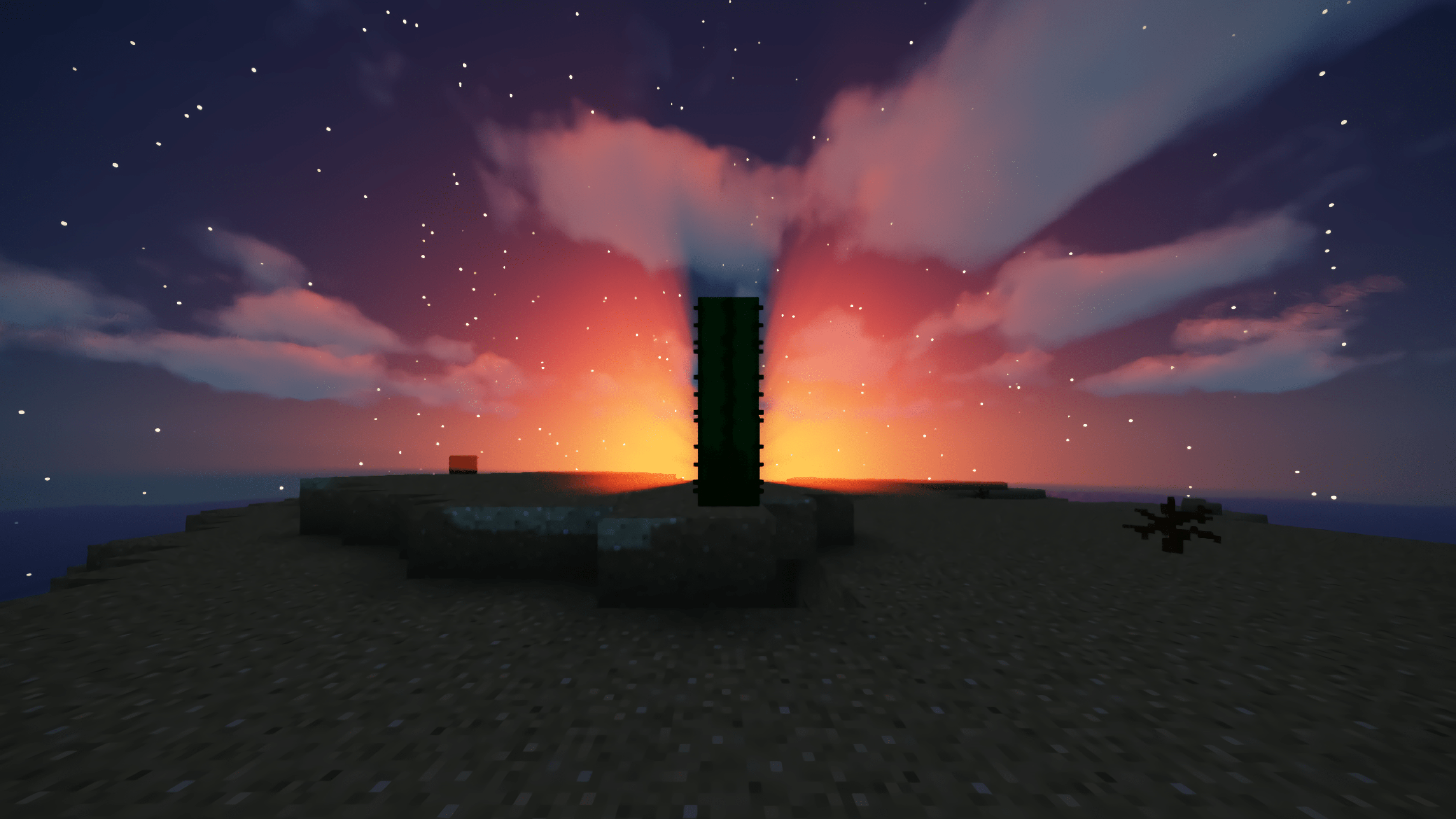 A tower made of blocks with a sun rising behind it - Minecraft