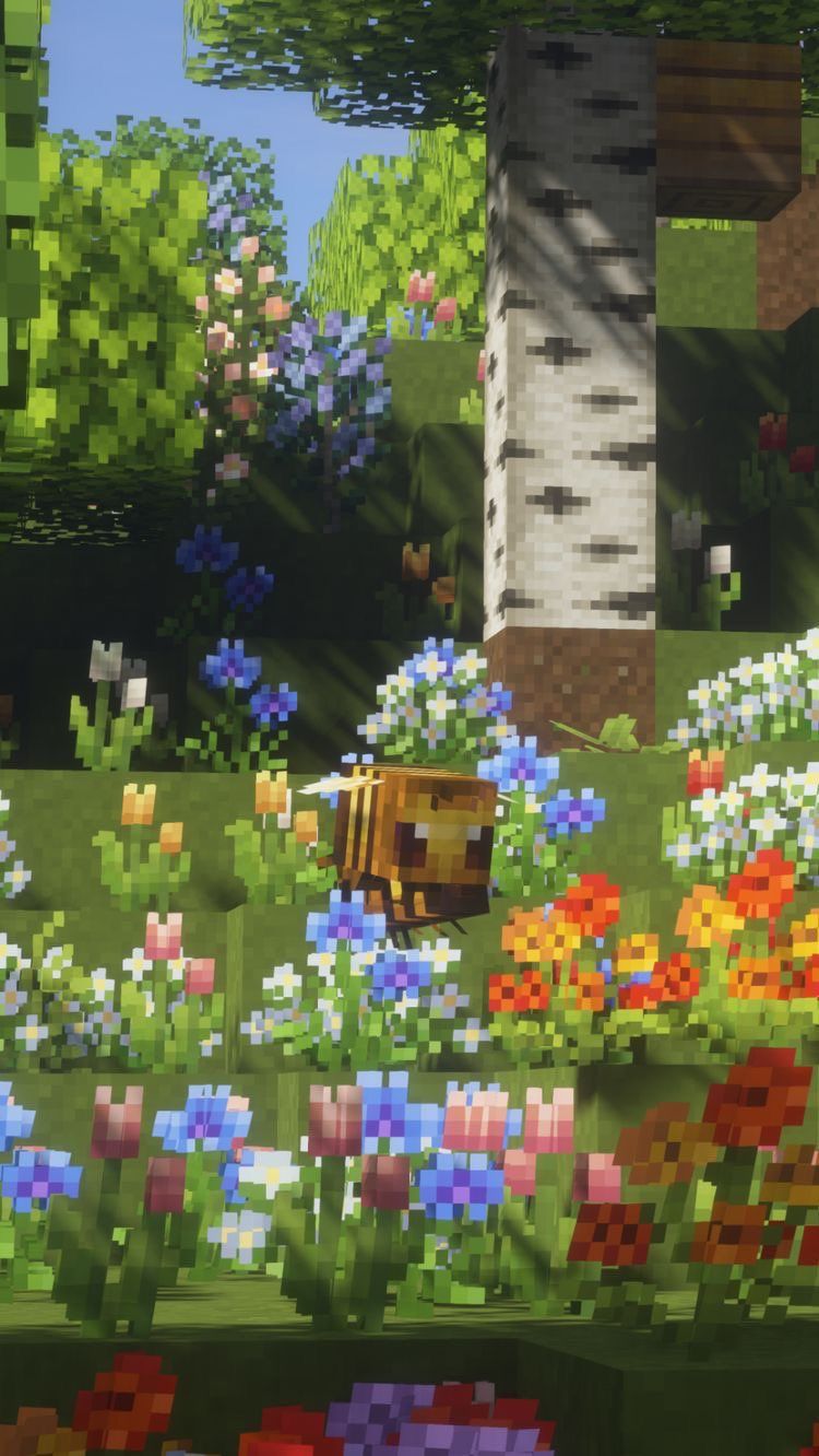 Minecraft screenshot of a bee in a flower garden - Minecraft