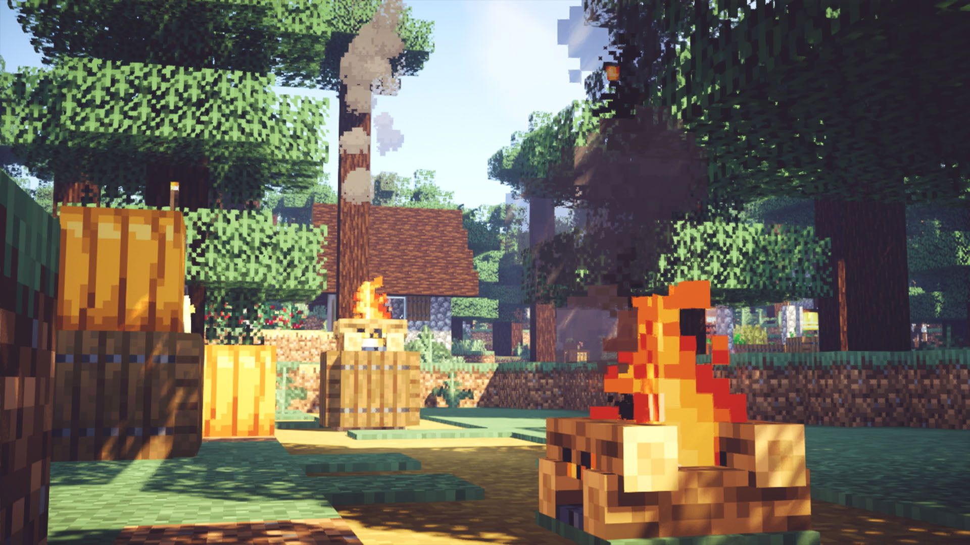 A screenshot of a Minecraft forest with a campfire - Minecraft