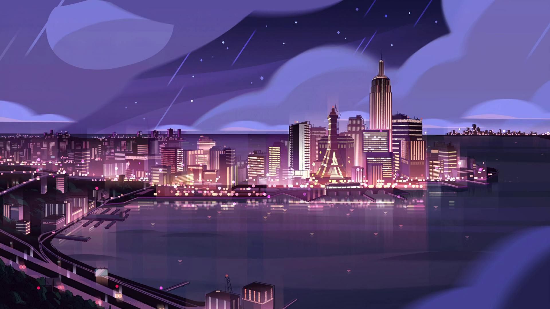 A city skyline at night with clouds and stars - Steven Universe