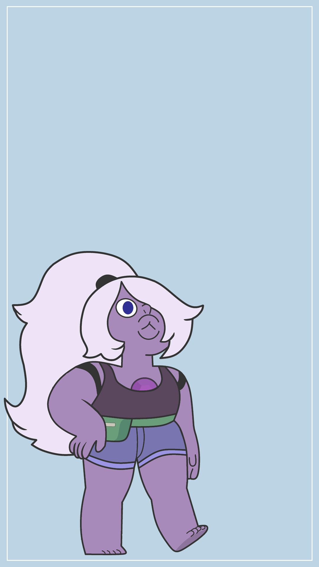 A cartoon character with purple hair and blue shorts - Steven Universe