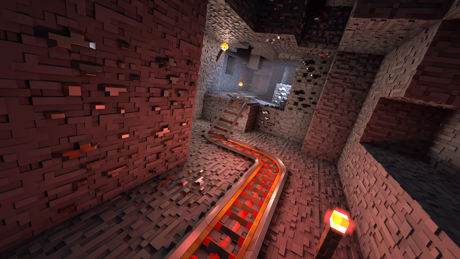 A long hallway with a ladder leading to a door - Minecraft