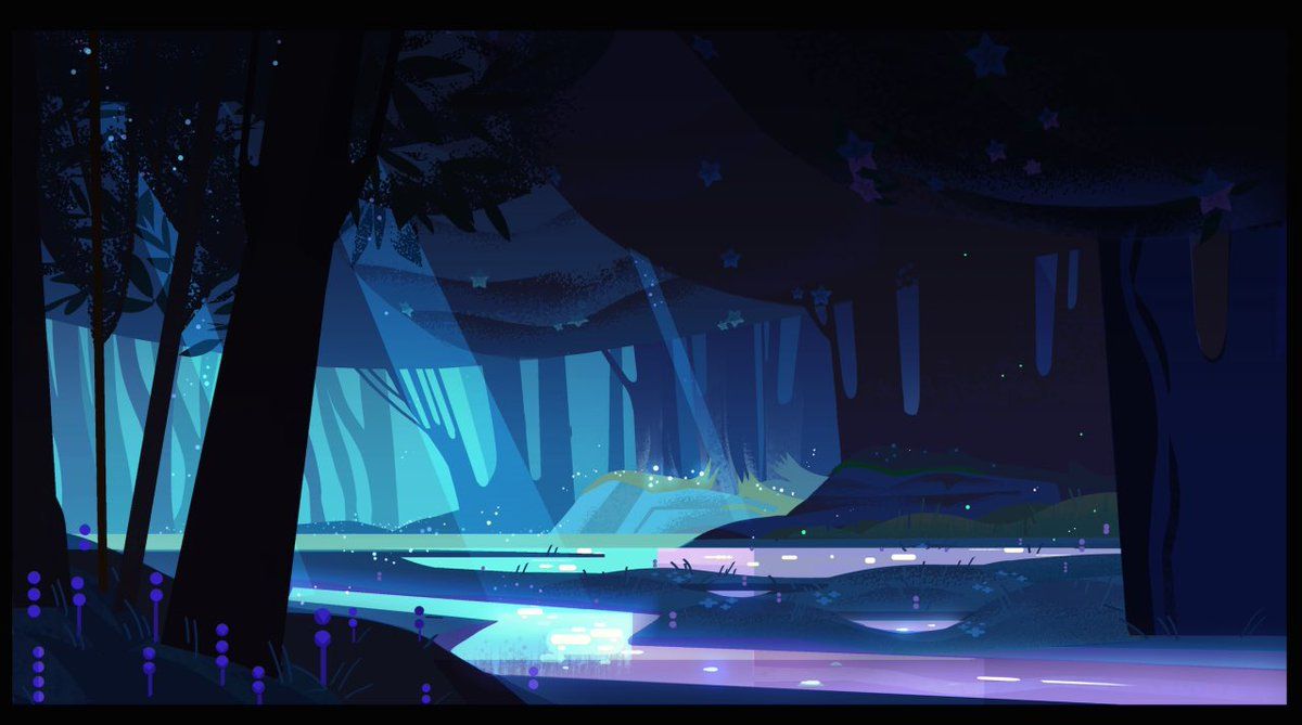 A dark forest with a blue hue, with purple flowers and trees. - Steven Universe