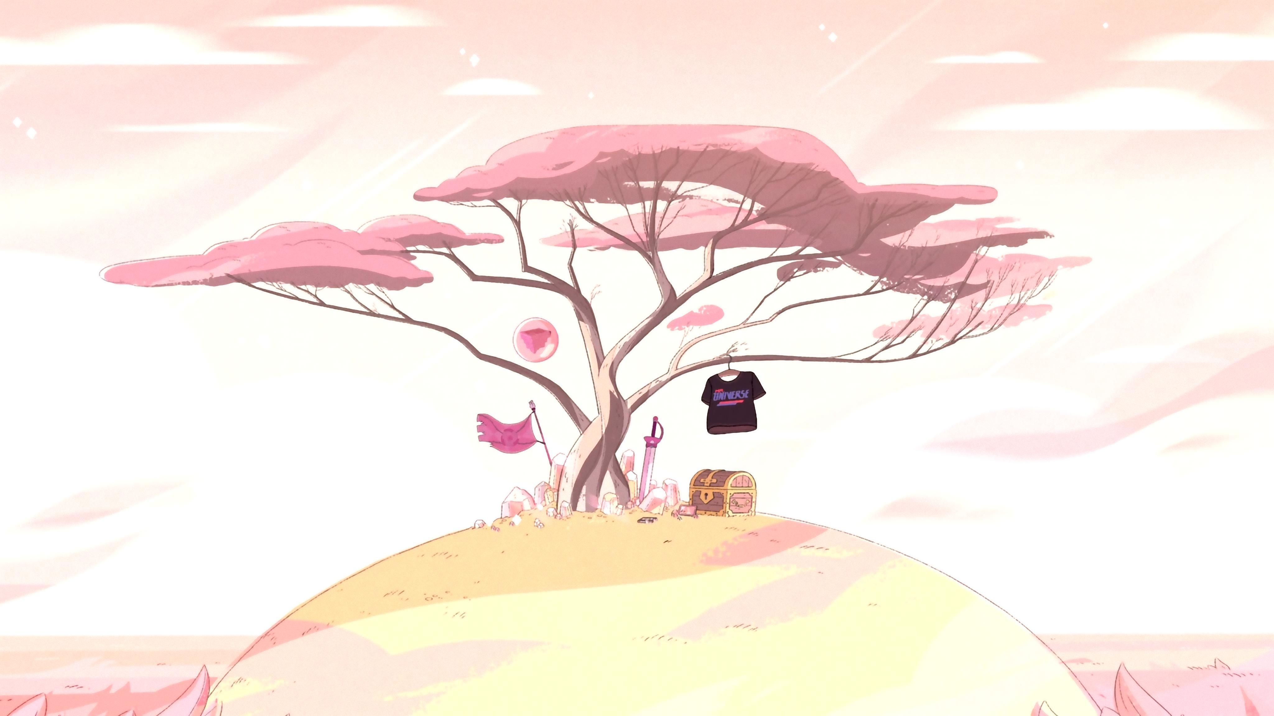 A Steven Universe background image of a pink tree on a small planet with a t-shirt hanging from a branch. - Steven Universe