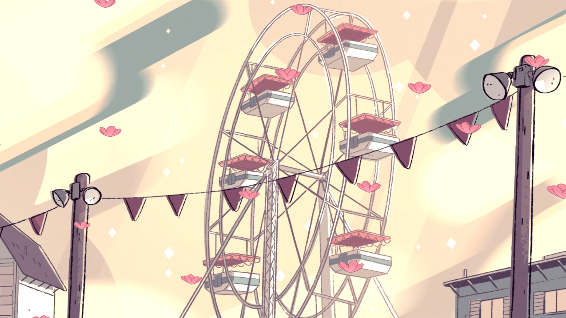 A large Ferris wheel is surrounded by flags and hearts. - Steven Universe