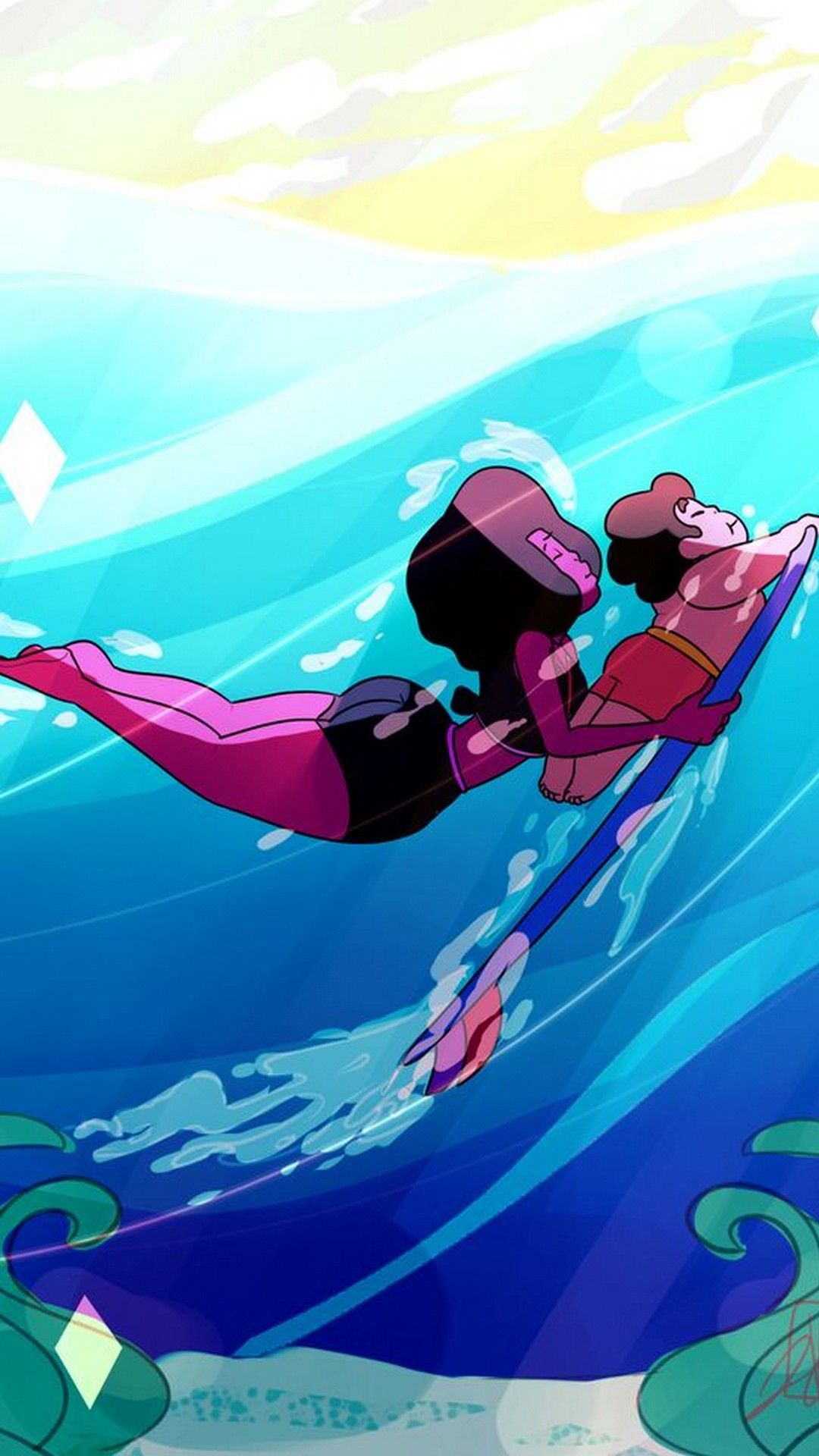 A cartoon of two people on surf boards - Steven Universe