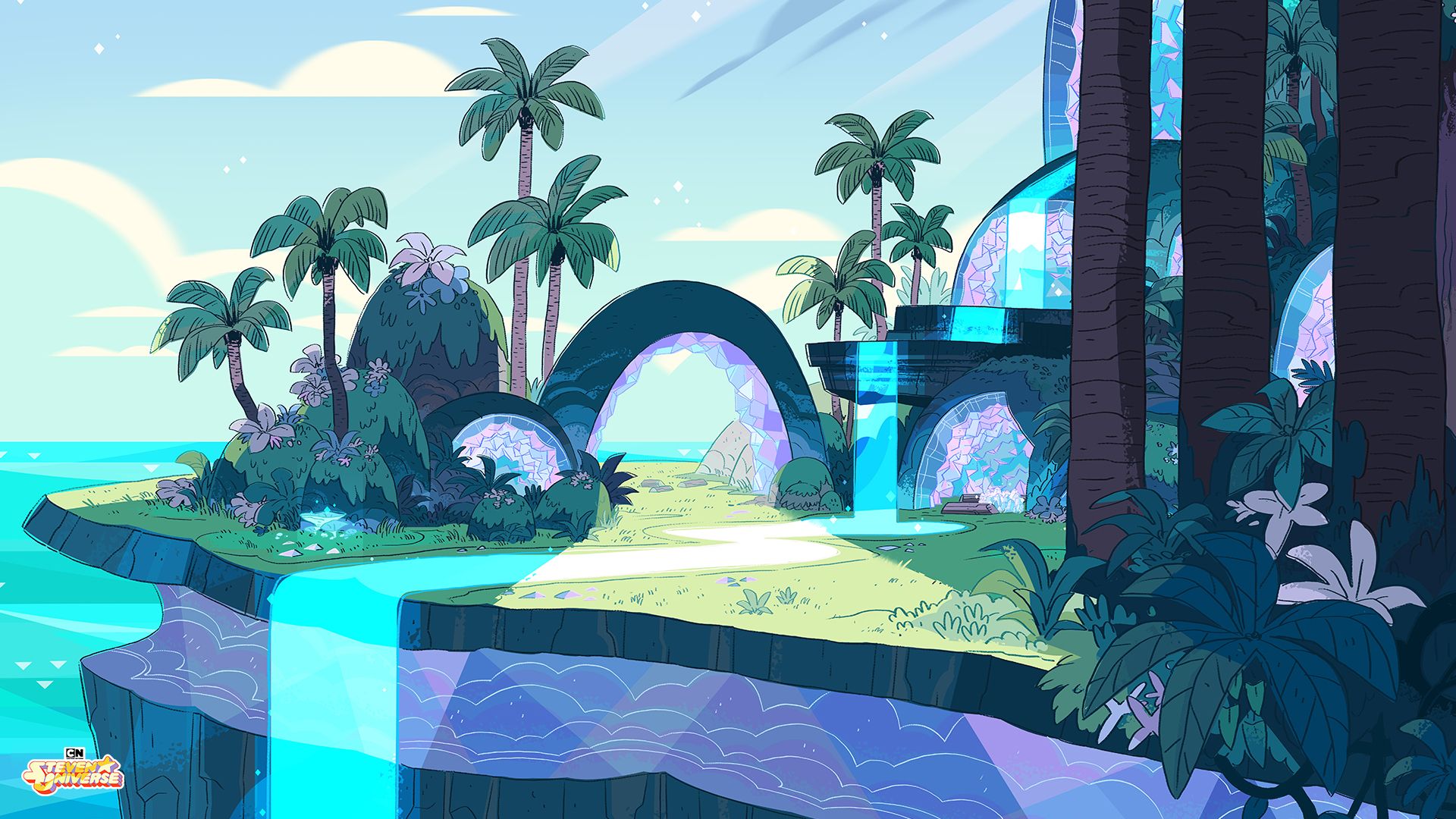 A cartoon landscape with palm trees and waterfalls - Steven Universe