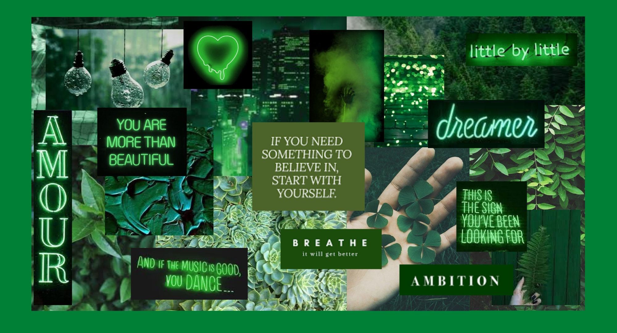 A green collage with various images and text - Laptop, green