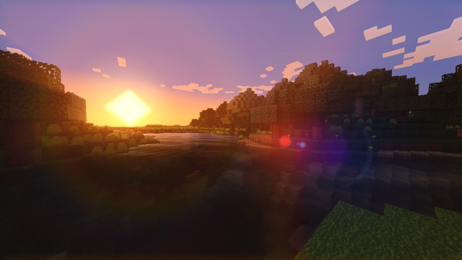 A sunset in the middle of some trees - Minecraft