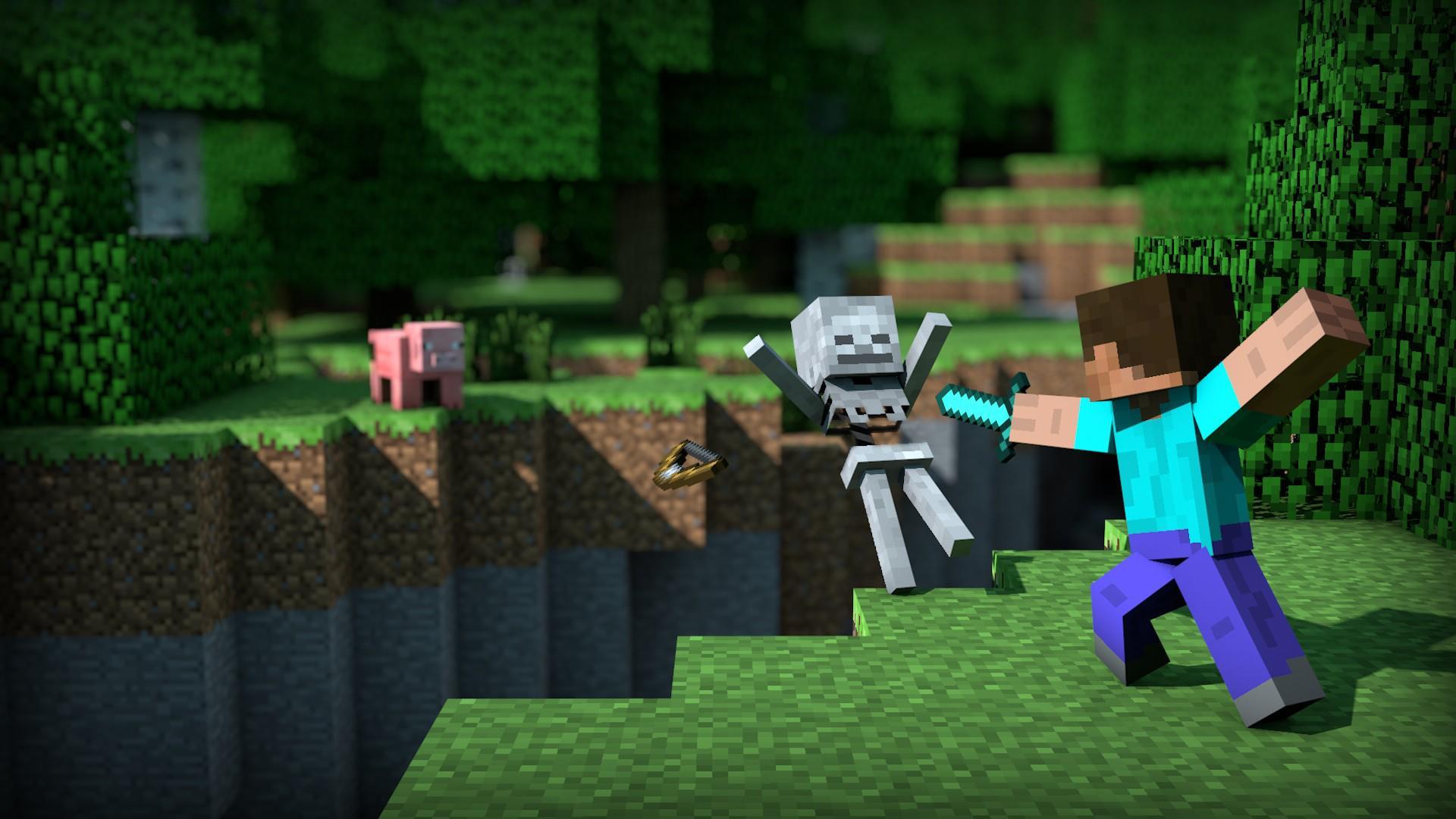 Minecraft Steve is fighting a skeleton in the forest - Minecraft