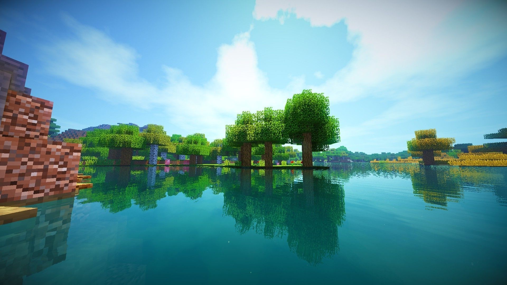 A pixelated image of trees and water - Minecraft